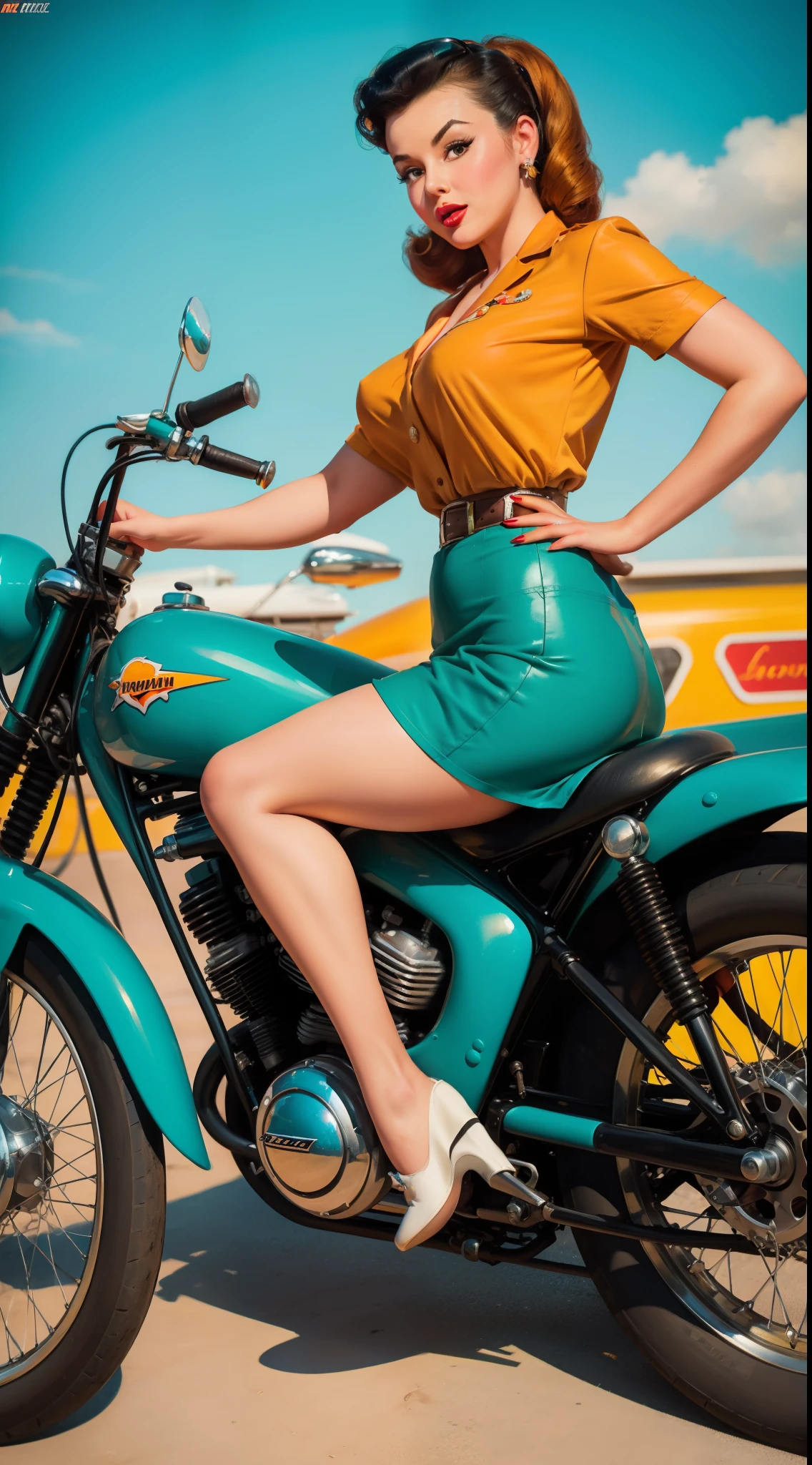 1950s Rockabilly Motorcycle pin up art, 20 years old girl sitting on the ground sheet, retro pin up style, sexy, detailed everything, surprised, mini tight skirt, flowing skirt, colorful , orange and teal color scheme, masterpieces art work, illustrated,