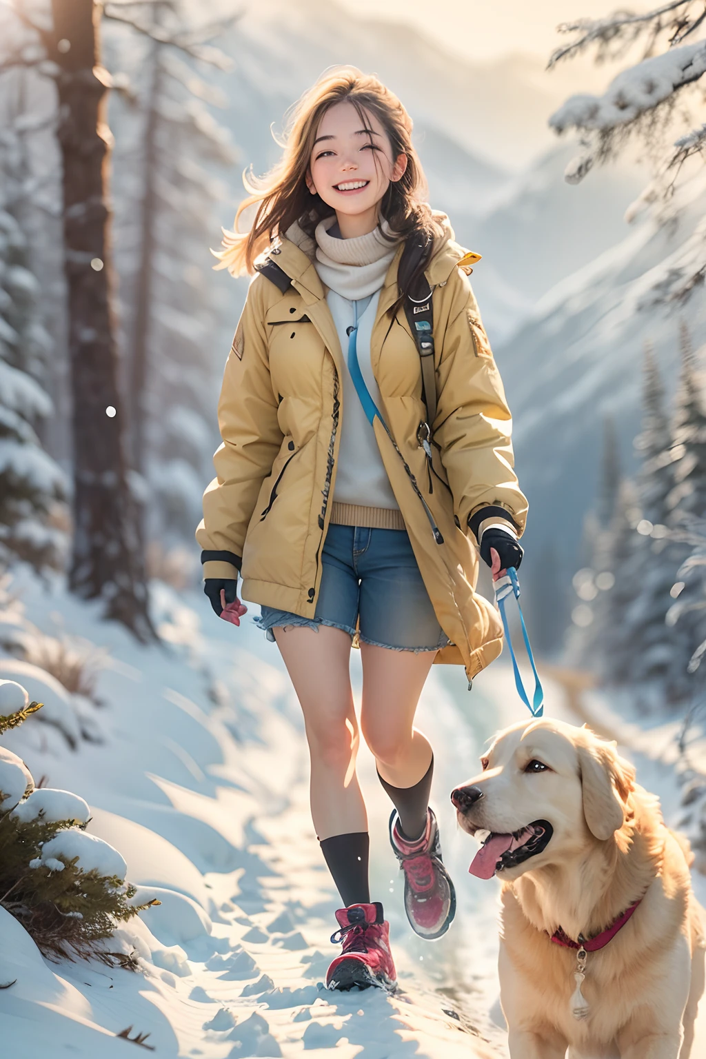 18-year-old girl,Clear facial features, Happy and a golden retriever,Walk on mountain trails, There was snow on the road.