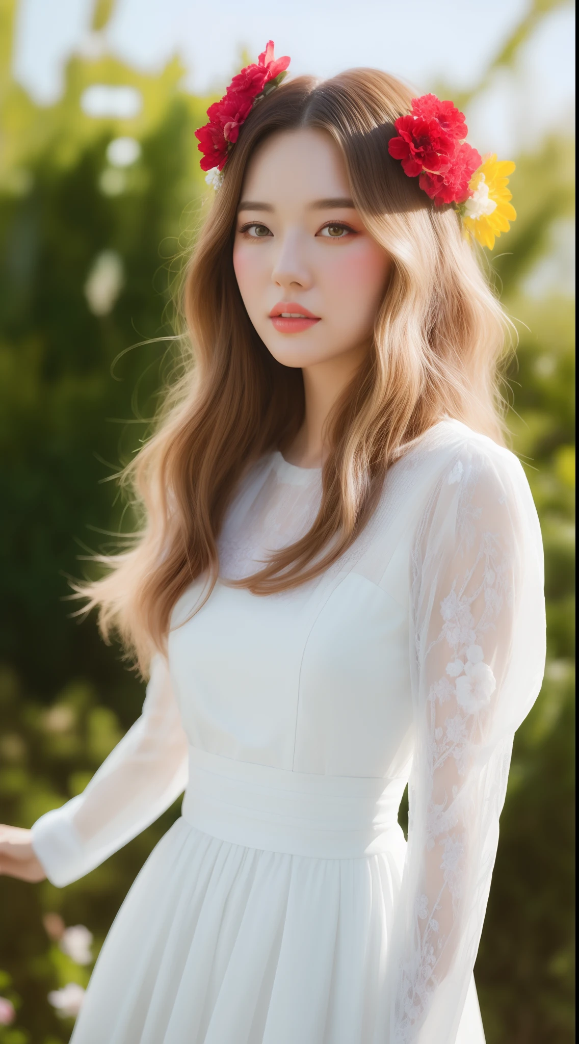 Woman in white dress,Wearing flowers on his head, Artgerm and Ruan Jia, Artgerm and Atey Ghailan, Draw beautiful characters, Palace, Hanfu girls, Ruan Jia and Artgerm, Beautiful digital artwork, Highly detailed ArtGerm, author:ruanjia、stanely artgerm