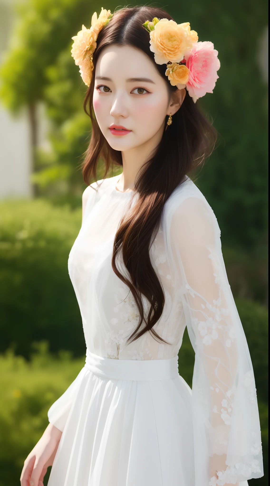 Woman in white dress，Wearing flowers on his head, Artgerm and Ruan Jia, Artgerm and Atey Ghailan, Draw beautiful characters, Palace, Hanfu girls, Ruan Jia and Artgerm, Beautiful digital artwork, Highly detailed ArtGerm, author：ruanjia、stanely artgerm
