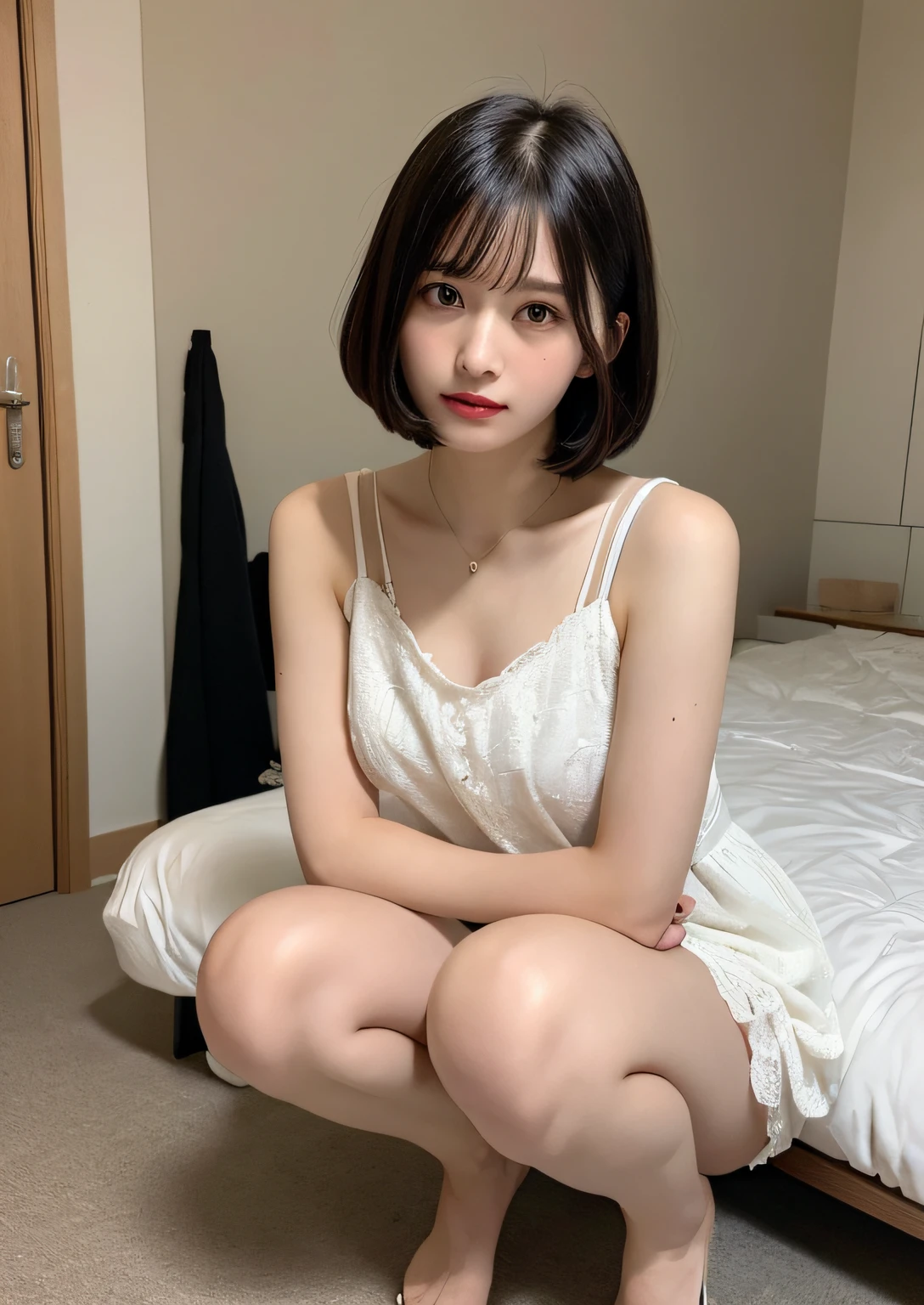 finely detail, hight resolution, hightquality、Perfect dynamic composition, Beautiful detailed eyes, Bob Layer Cut、all-fours、Natural Color Lip, Squatting,Kamimei、in her 20s、1 persons、Transparent skin、Glowing hair、Bedrooms、Bedroom、inside in room、frontage、Fashionable clothes、Shibuya、White Dress、Fashionable、beauty legs、bare-legged、Shake your head