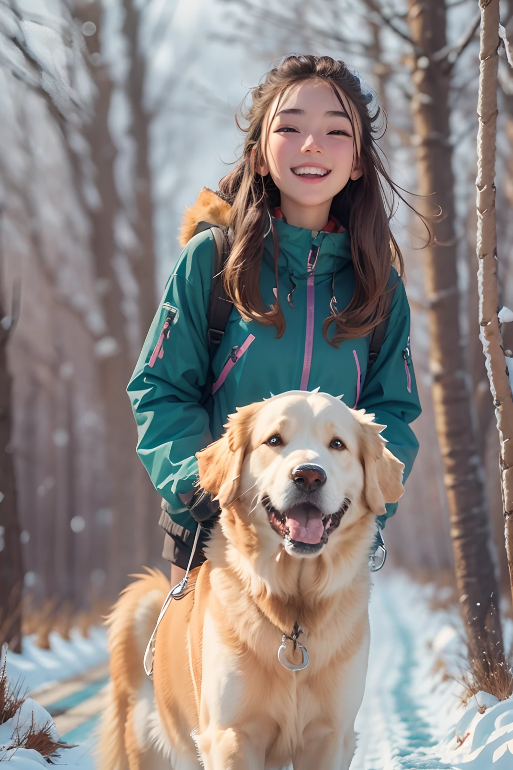18-year-old girl,Clear facial features, Happy and a golden retriever,Walk on mountain trails, There was snow on the road.