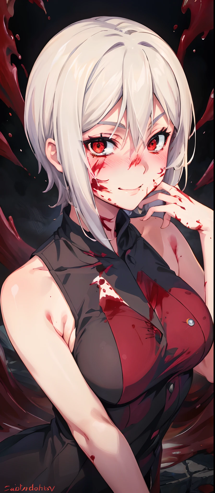 masterpiece, best quality, AliceKV4, 1girl, solo, looking at viewer, smile, anime coloring,(upper body), (blushed, healthy skin), authority, (((sleeveless))), blood on face, breasts, ((sadistic girl, blood on face, blood on hair, bloody girl)), white hair.