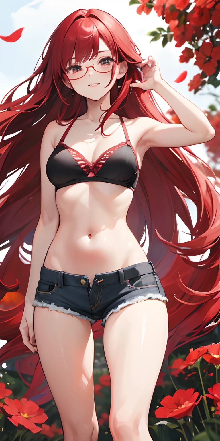 (masterpiece, best quality),1 adult girl with long red hair standing in a field of red plants and red flowers, mouth, lips, teeth, smiling, eyes, (glasses), hand under chin, warm lighting , short red bra, perfect belly, ripped jeans, medium chest, waist, thick legs, thick thighs, blurred foreground, wind, wind blowing hair, hair details