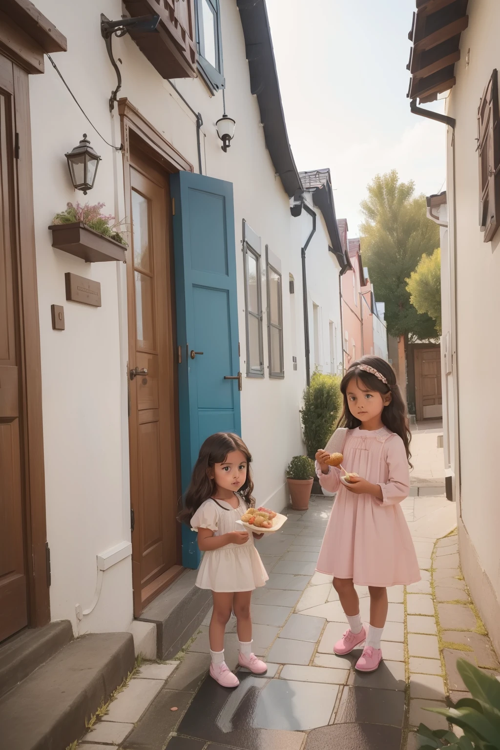 year: 2023. Location: Sweden. Pre-Raphaelite scene with a 7--old l, and her baby si, tanned and brunette, standing outside an open door, (((offering a food caserole))) to the neighbor, ((view of the street)) through the door, offering, ((((casual kid Clothing from the 2020s)))) ((Hairstyle of the 2020s)), pastel colors, (((cinematic style)))