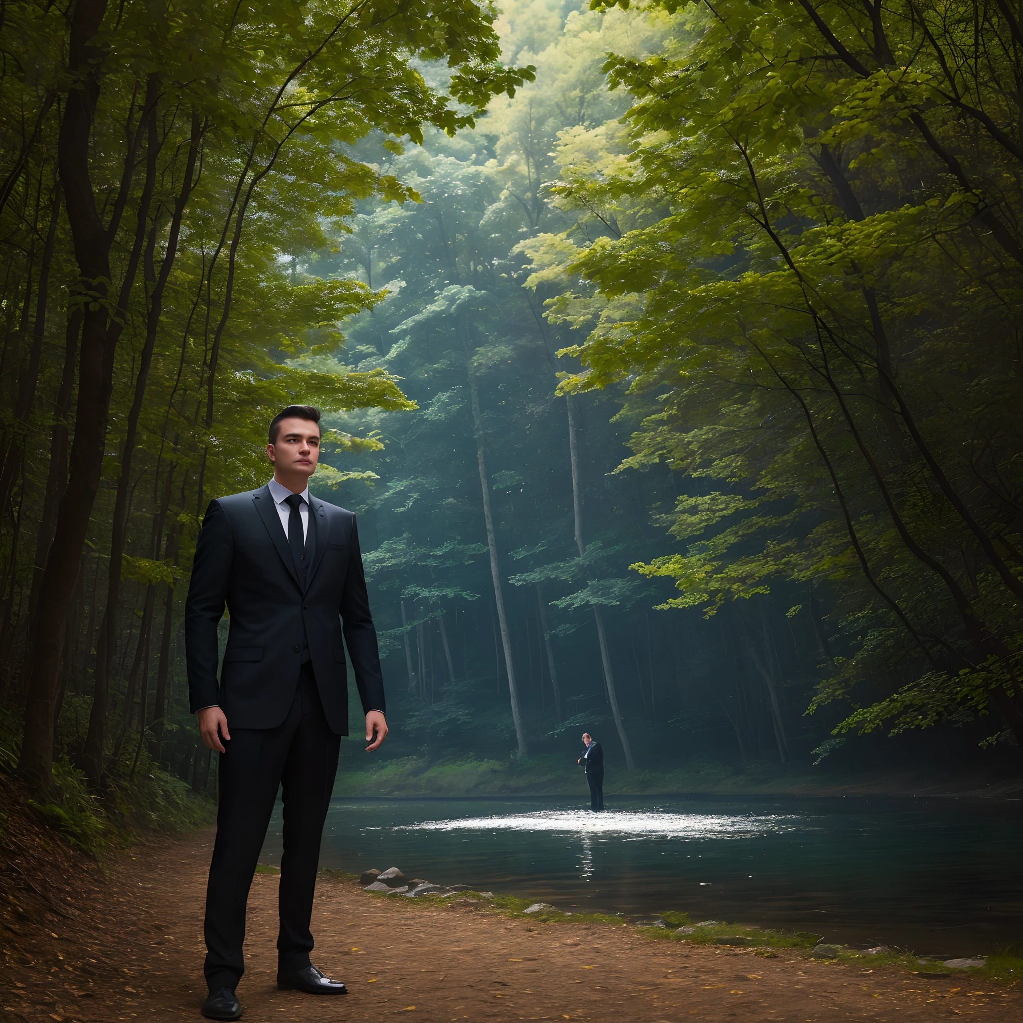 A smart man in black skini dress standing in cool forest near the lake 1:1 reto front angle