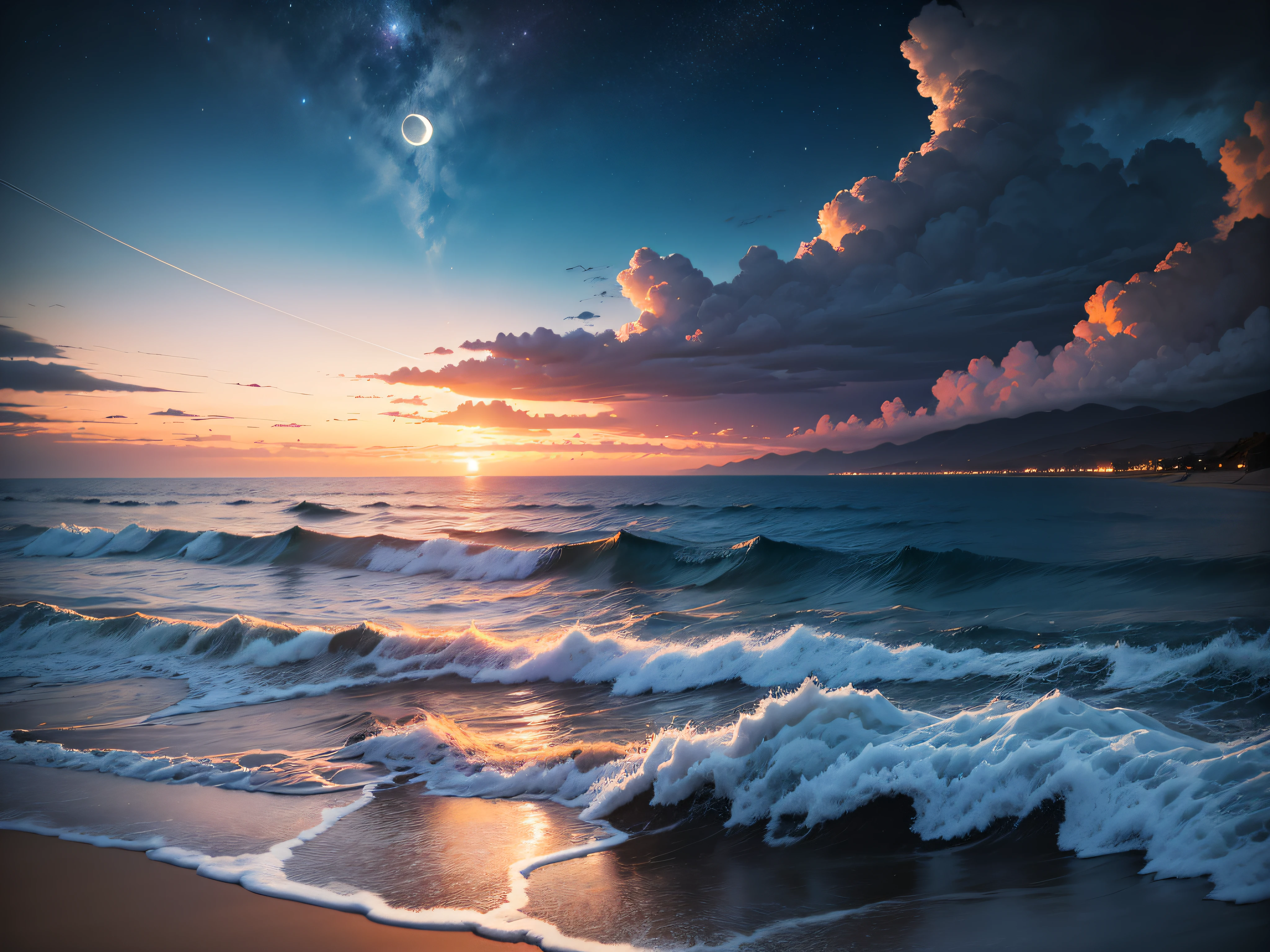 sky, night, sunset, clouds, sun, sea, water, cloud, landscape, nature, light, evening, ocean, moon, star, dusk, blue, dark, sunrise, bright, horizon, storm, beach, time lapse, mountain