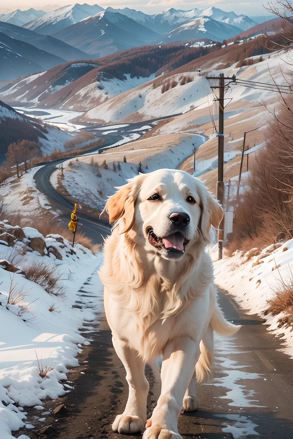 18-year-old girl,Clear facial features, Happy and a golden retriever,Walk on mountain trails, There was snow on the road.