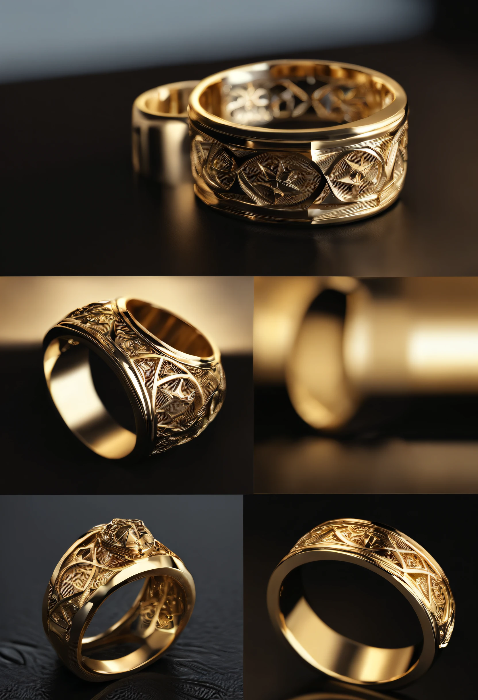 （（Ring design concept art）），Yellow gold ring，（（Ring concept blueprint）），,(Ring cross-sectional wave pattern and pentagram)，（（Master craftsmanship）），（Ring and hemming），Natural sunlight，Shining Effect