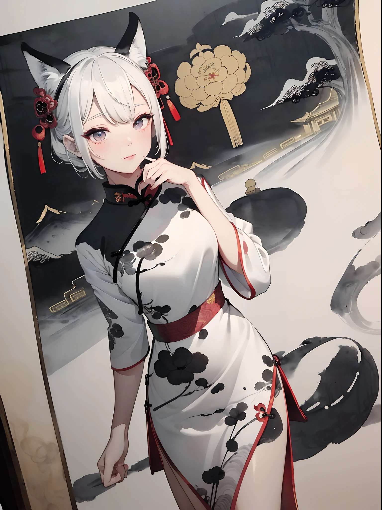 (master piece,best quality:1.2),traditional chinese ink painting,fox ears girl,wearing a leotard