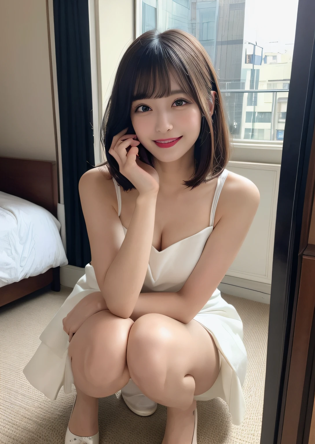 finely detail, hight resolution, hightquality、Perfect dynamic composition, Beautiful detailed eyes, Bob Layer Cut、all-fours、Natural Color Lip, Squatting,Kamimei、in her 20s、1 persons、Transparent skin、Glowing hair、Bedrooms、Bedroom、inside in room、Smile、A smile、frontage、Fashionable clothes、Shibuya、White Dress、Fashionable、beauty legs、bare-legged、Shake your head