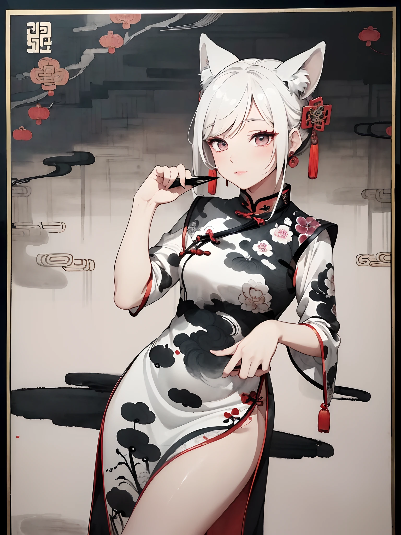 ((8K,masterpiece、top-quality))、((Traditional Chinese Ink Painting:1.4)),lotuses,((qipao dress:1.3)),Dress conservatively ,独奏、white hair、fox ear、blanche,looking at viewert