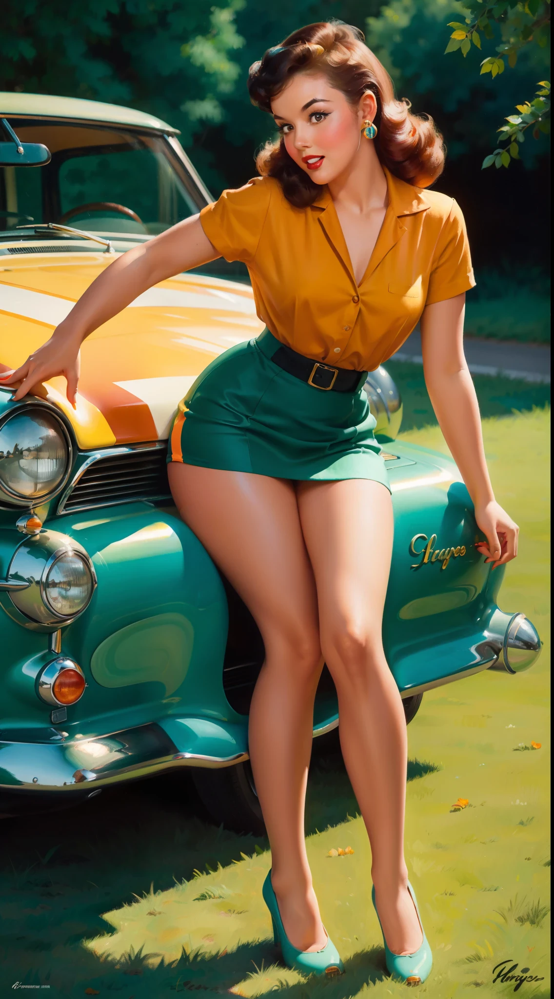 20 years old Girl sitting on the ground sheet, in frount of a car,No Bra, No Panties,  medium breast,  pin up style, sexy, surprised, up skirt, flowing skirt,  colorful , masterpieces, illustrated, shining skin, detailed face, Medium breast. tight body. Illustrated  BY BILL MEDCALF.