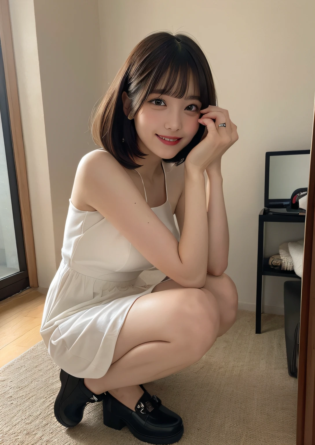 finely detail, hight resolution, hightquality、Perfect dynamic composition, Beautiful detailed eyes, Bob Layer Cut、all-fours、Natural Color Lip, Squatting,Kamimei、in her 20s、1 persons、Transparent skin、Glowing hair、Bedrooms、Bedroom、inside in room、Smile、A smile、frontage、Fashionable clothes、Shibuya、White Dress、Fashionable、beauty legs、bare-legged、Shake your head