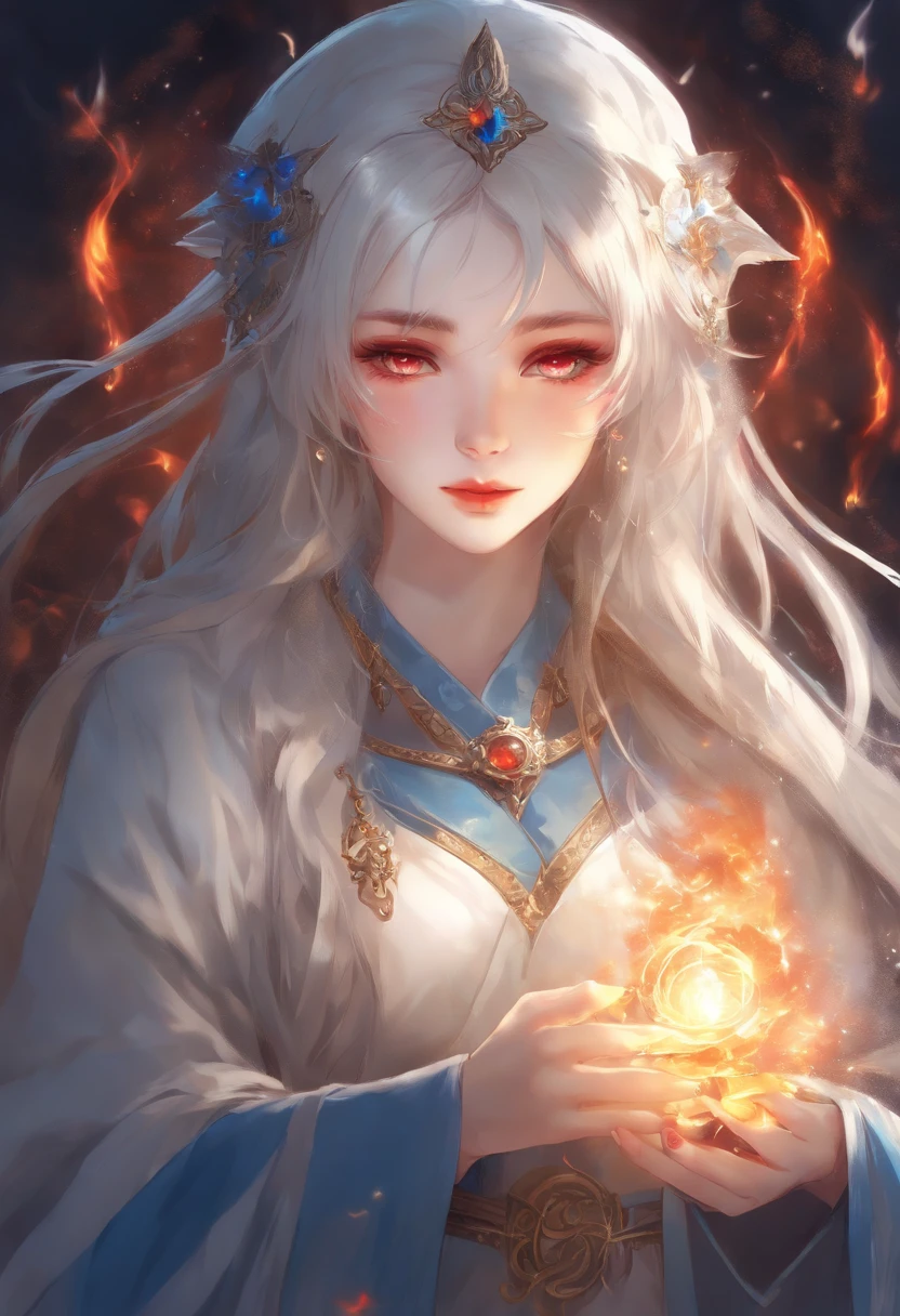Beautiful wizard girl who emits blue flames、Holding a wand、anime illustrated、masterpiece、Beautiful image quality、top-quality、Red eyes、white hair、Background with burning flames、magic circles、List of runes