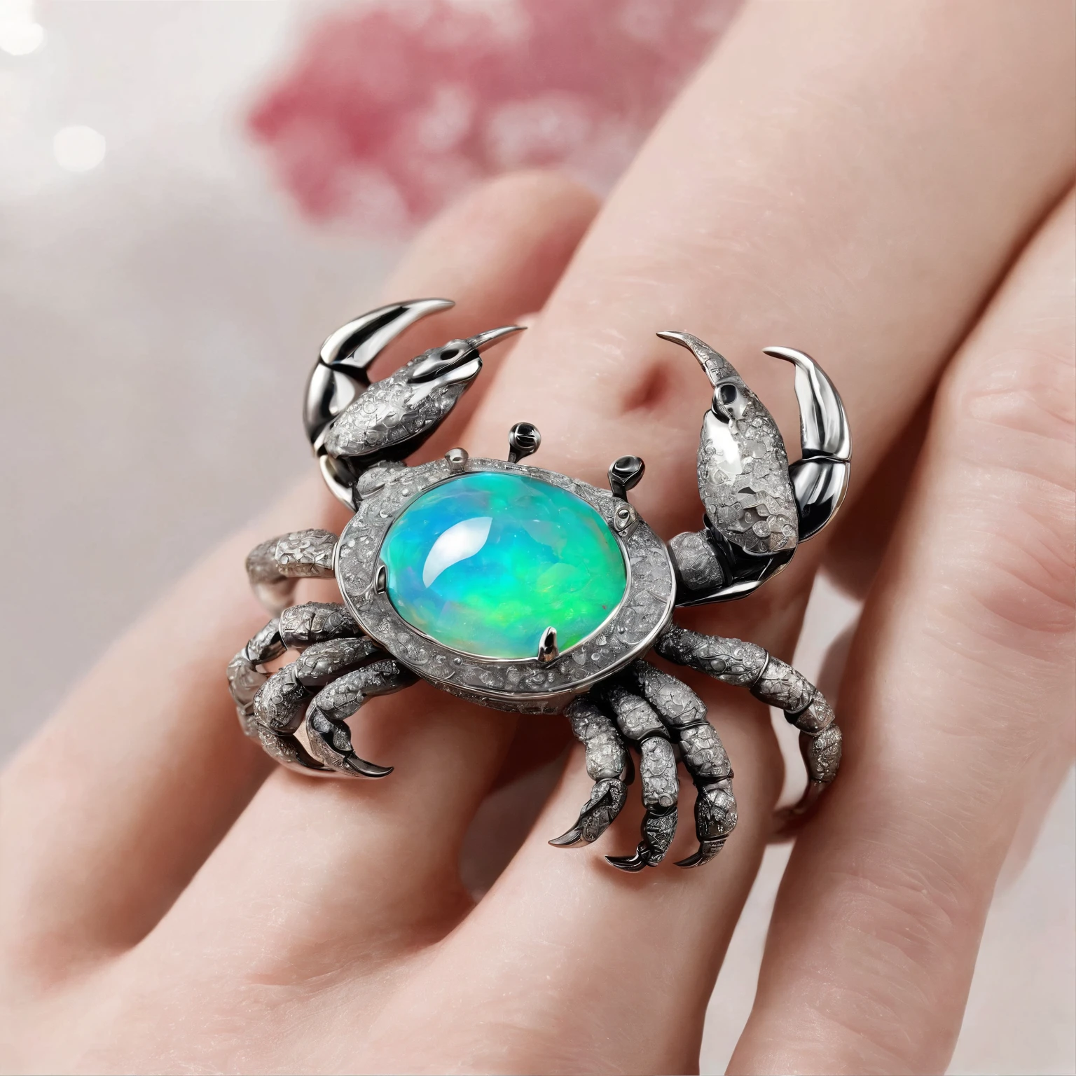 (Close-up of a crab-shaped gravel opal ring:1.8), (The crab's body is made of gravel opal),(The crab's lovely eyes are set with rubies),(The mouth),(2 crab clips wrapped around the ring shank stalk:1.37),Playful tentacles,Complete limbs full of details,对称,(Professional inlaying),copious jewelry, ,Platinum and black gold,Cute shape,Cartoony,