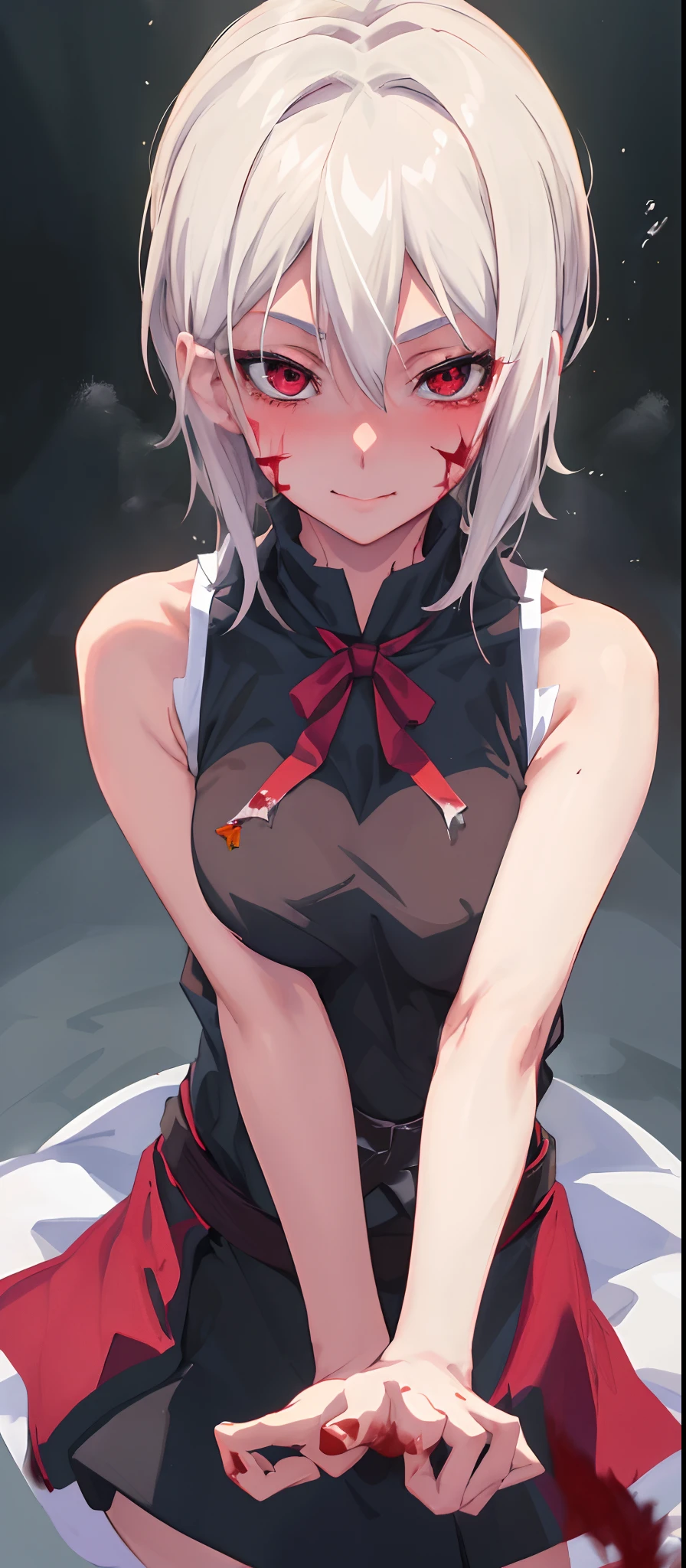 masterpiece, best quality, AliceKV4, 1girl, solo, looking at viewer, smile, anime coloring,(upper body), (blushed, healthy skin), authority, (((sleeveless))), blood on face, breasts, ((sadistic girl, blood on face, blood on hair, bloody girl)), white hair.