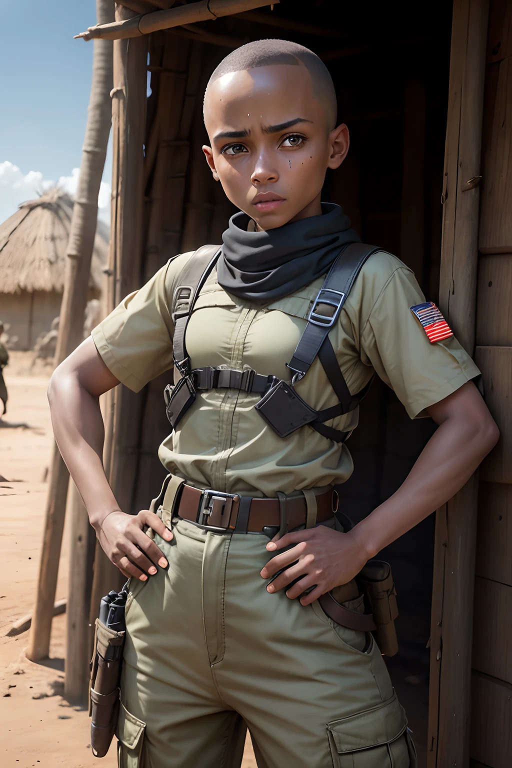 Dramatic lighting, one 18 year old woman, Kiki Layne, head shaved, shiny skin, soldier, multicam trousers, khaki t-shirt, equipment belt with holster, keffiyeh, completely bald, sweaty, dewy skin, vigilant, watchful, hand on hip, African village, mud huts behind, flat desert, bright sunlight