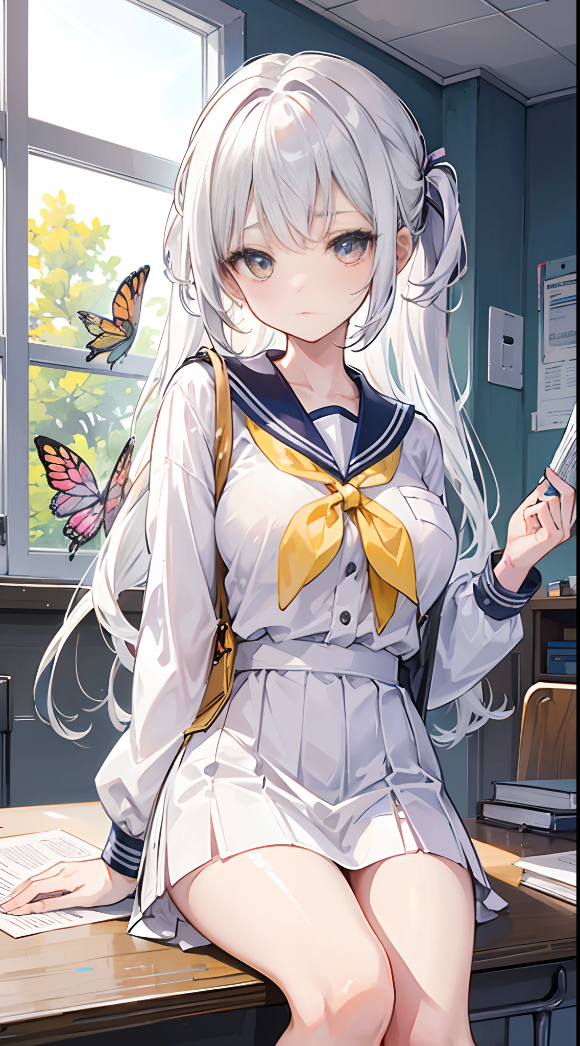 In the classroom,A long silver-white hair sitting by the window,The yellow-eyed girl looked up at the ceiling,A colorful butterfly flutters on the ceiling,Hair is blown up by the breeze,Wearing a white sailor suit,huge tit,Ceiling down view,The girl has a kind of leaning back,holding a book in his hands,In front of you is the desk,There are hands on the desk,pencil case,Paper,notebooks,On the ground next to her was her handbag,Girls are attracted to butterflies,