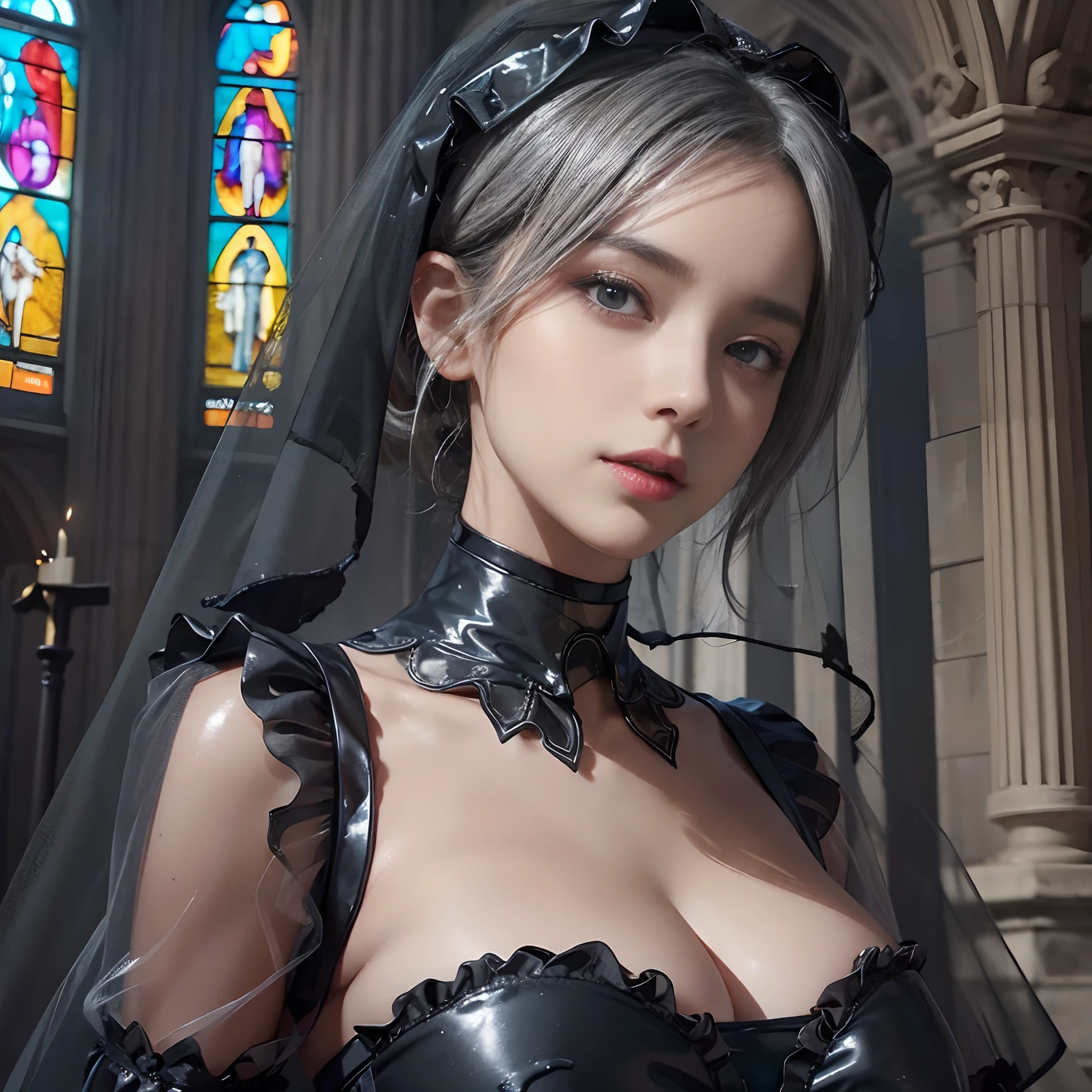 (upper body:1.5), (black theme:1.5), ((black see-through wedding-veil):1.4), ((black latex corset, breast-cup):1.4), (short puff-sleeve:1.3), ((choker):1.3), ((ruffle-skirt):1.4), ((stockings, garter belt):1.3), (black rubber long gloves:1.5), , RAW photo, photorealistic:1.6, Quality:1.5, 8k, Masterpiece:1.3, ultra highres:1.0, Crisp Focus:1.2, Big breasts:1.3, Beautiful Woman with Perfect Figure, Highly Detailed Face and Skin Texture, Detailed Eyes, Double Eyelids, perfect face balance, silver hair, smile, beautiful studio soft light, rim light, vibrant details, hyper realistic, octane render, detailed beautiful skin, realistic skin, (in a beautiful church:1.2)