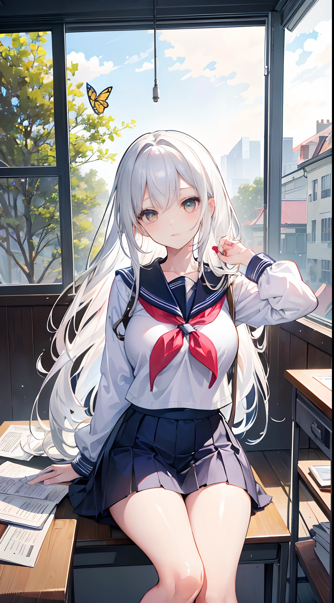In the classroom，A long silver-white hair sitting by the window，The yellow-eyed girl looked up at the ceiling，A colorful butterfly flutters on the ceiling，Hair is blown up by the breeze，Wearing a white sailor suit，huge tit，Ceiling down view，The girl has a kind of leaning back，holding a book in his hands，In front of you is the desk，There are hands on the desk，pencil case，Paper，notebooks，On the ground next to her was her handbag，Girls are attracted to butterflies，