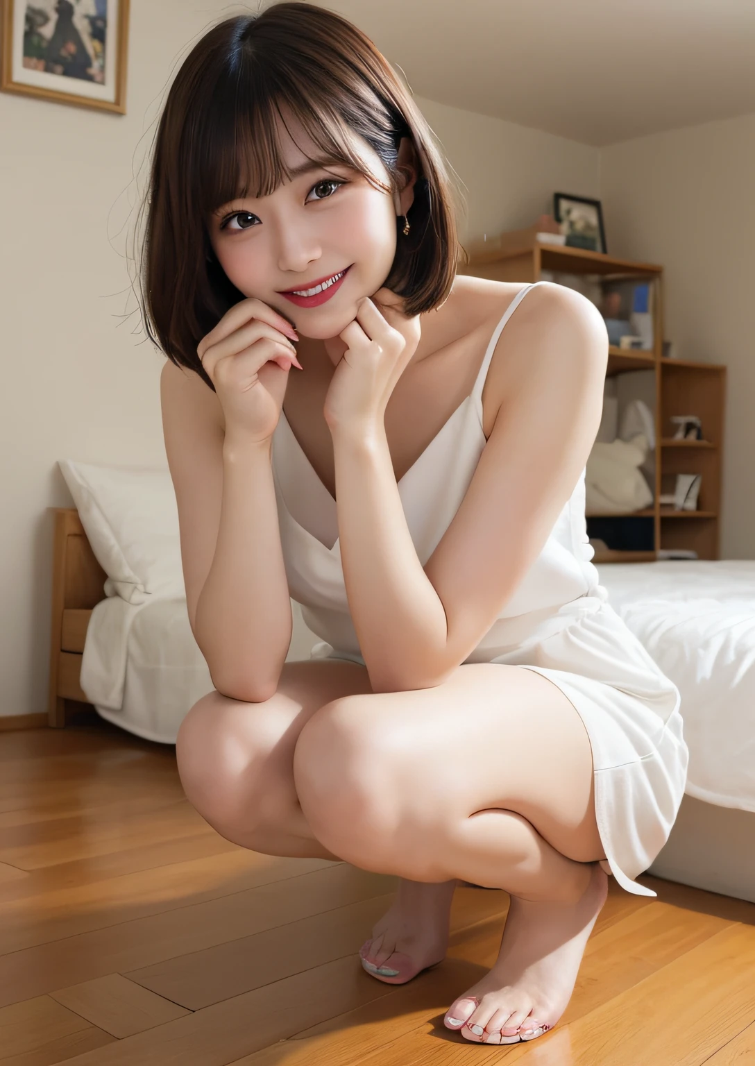 high quality、Realistic and photo-like、15 year old beautiful girl、real face、In underwear、Squat down holding your knees to hide your underwear、butt is attached to the floor、I&#39;worry、smile shyly、black hair、have bangs、Fair skin、thin eyebrows、bob hair、big breasts、white lace underwear、the area of underwear is smaller、A presence that is out of this world、