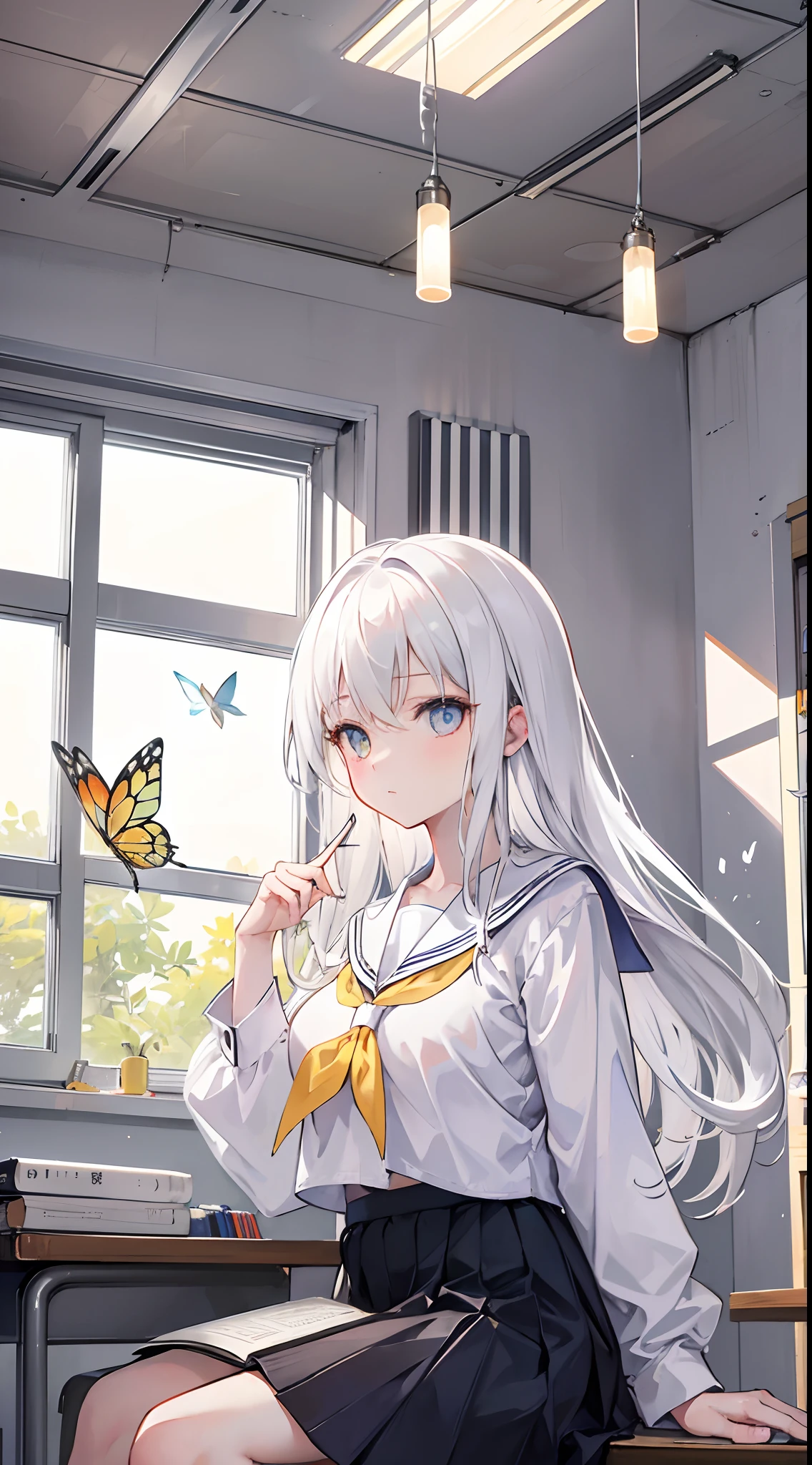 In the classroom,A long silver-white hair sitting by the window,The yellow-eyed girl looked up at the ceiling,A colorful butterfly flutters on the ceiling,Hair is blown up by the breeze,Wearing a white sailor suit,huge tit,Ceiling down view,The girl has a kind of leaning back,holding a book in his hands,In front of you is the desk,There are hands on the desk,pencil case,Paper,notebooks,On the ground next to her was her handbag,Girls are attracted to butterflies,