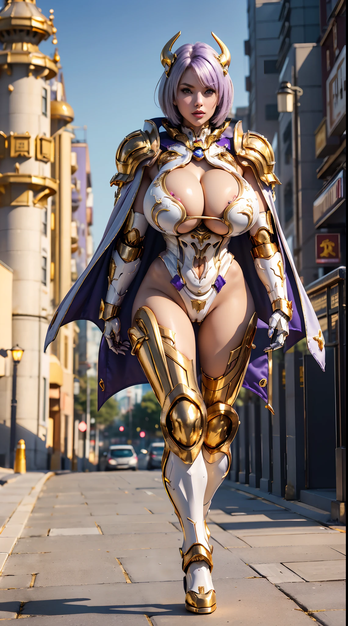 1GIRL, SOLO, (white short hair, hair gold ornament), (HUGE FAKE BOOBS:1.3), (white, purple, gold, FUTURISTIC DRAGON MECHA ARMOR SUIT, ROYAL CAPE, CLEAVAGE:1.5), (SKINTIGHT YOGA PANTS, HIGH HEELS:1.2), (NSFW GLAMOROUS BODY, SEXY LONG LEGS, FULL BODY:1.3), (FROM FRONT, LOOKING AT VIEWER:1), (WALKING DOWN ON STREET NIGHT CITY:1.3), PHYSICALLY-BASED RENDERING, ULTRA HIGHT DEFINITION, 8K, 1080P.