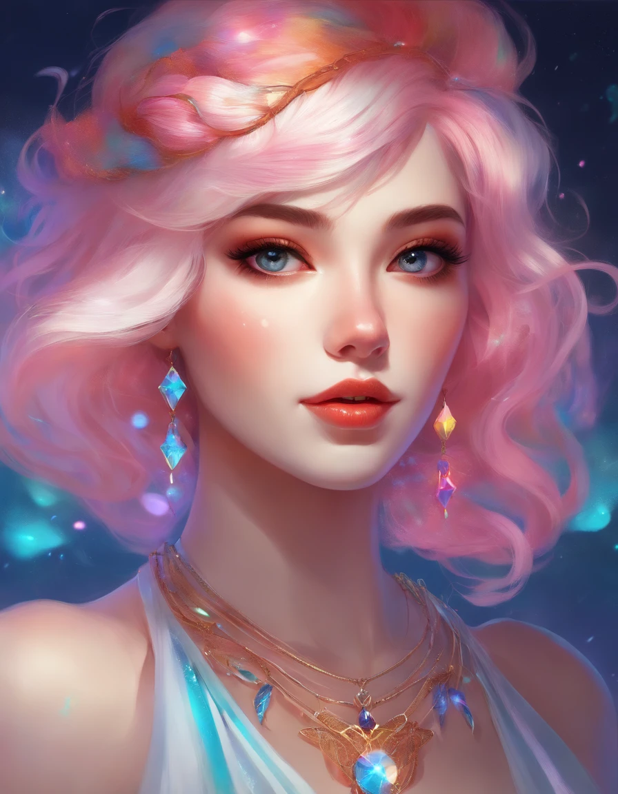 Close-up of a woman with colorful hair and necklace, anime girl with cosmic hair, soft vitality of Rossdraws, artwork in Guvez style, fantasy art style, colorful], vibrant fantasy style, Rossdraws cartoon full of vitality, cosmic and colorful, Guweiz, colorful digital fantasy art, stunning art style, beautiful anime style, white skin, Spider-Man costume,