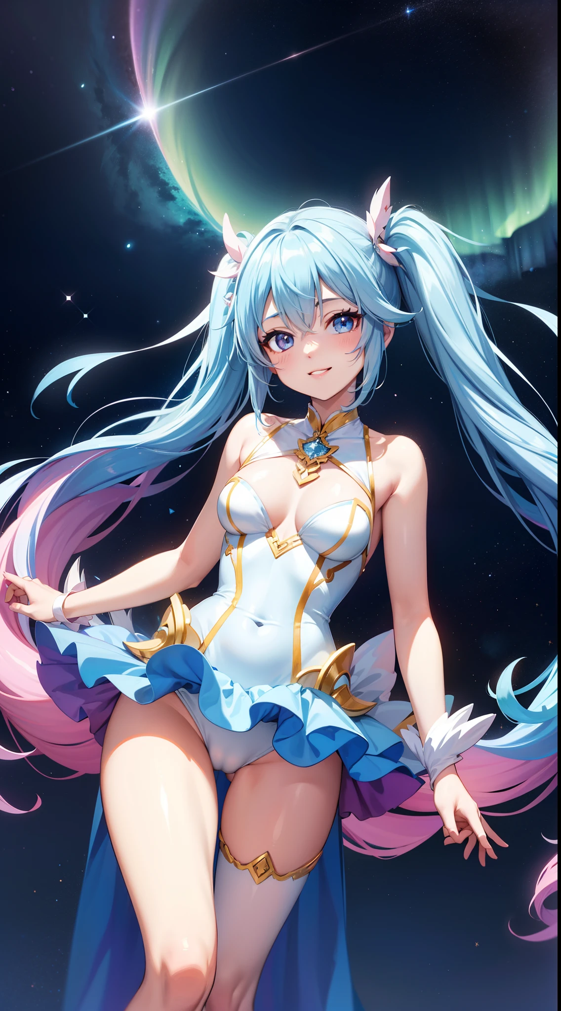 Super Idol a beauty girl A charming smile sky blue hair length hair Facing straight ahead Twin-tailed Glittering pink and white and blue and yellow leotard costume Mystical Fantasia constellation a moon Crystal Brilliance Aurora Borealis in the Night Sky