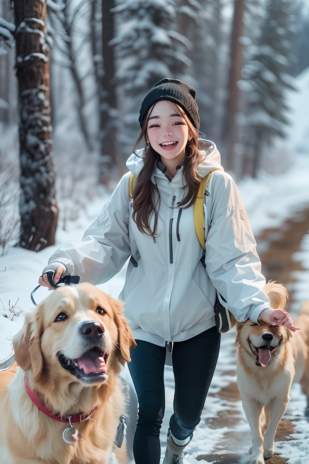 18-year-old girl,Clear facial features, Happy and a golden retriever,Walk on mountain trails, There was snow on the road.