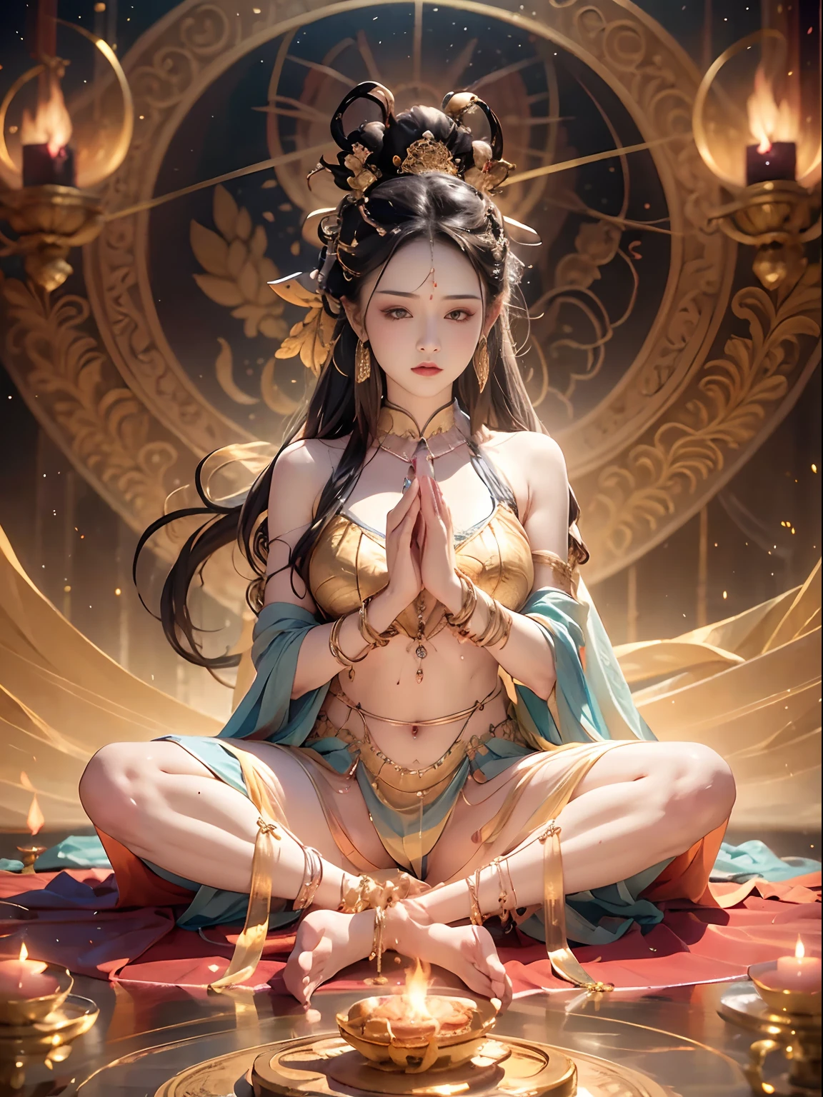 Goddess of immortality with very delicate features, Sit cross-legged and meditate. Her body is partially covered with a pale cloth. Behind her, Golden magic circle spins. A magical aura surrounds her. The scene is full of enchantment and a sense of fantasy. In the background、There is a galaxy with 4 elements (fire, Water, Air, Earth) Swirling around it. Images are of the highest quality, 8K resolution, Ultra-detailed and photorealistic visuals on display.