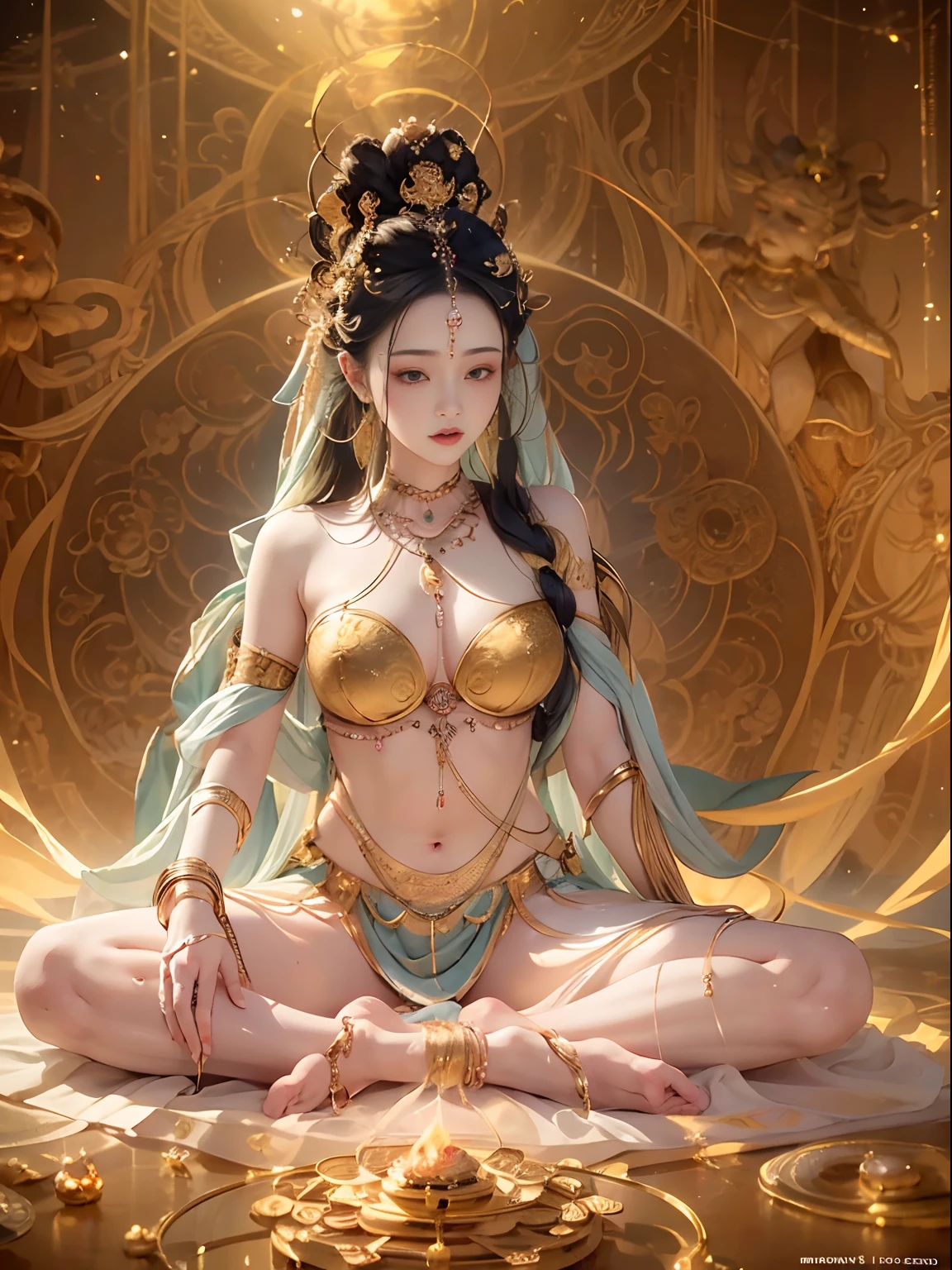 Goddess of immortality with very delicate features, Sit cross-legged and meditate. Her body is partially covered with a pale cloth. Behind her, Golden magic circle spins. A magical aura surrounds her. The scene is full of enchantment and a sense of fantasy. In the background、There is a galaxy with 4 elements (fire, Water, Air, Earth) Swirling around it. Images are of the highest quality, 8K resolution, Ultra-detailed and photorealistic visuals on display.