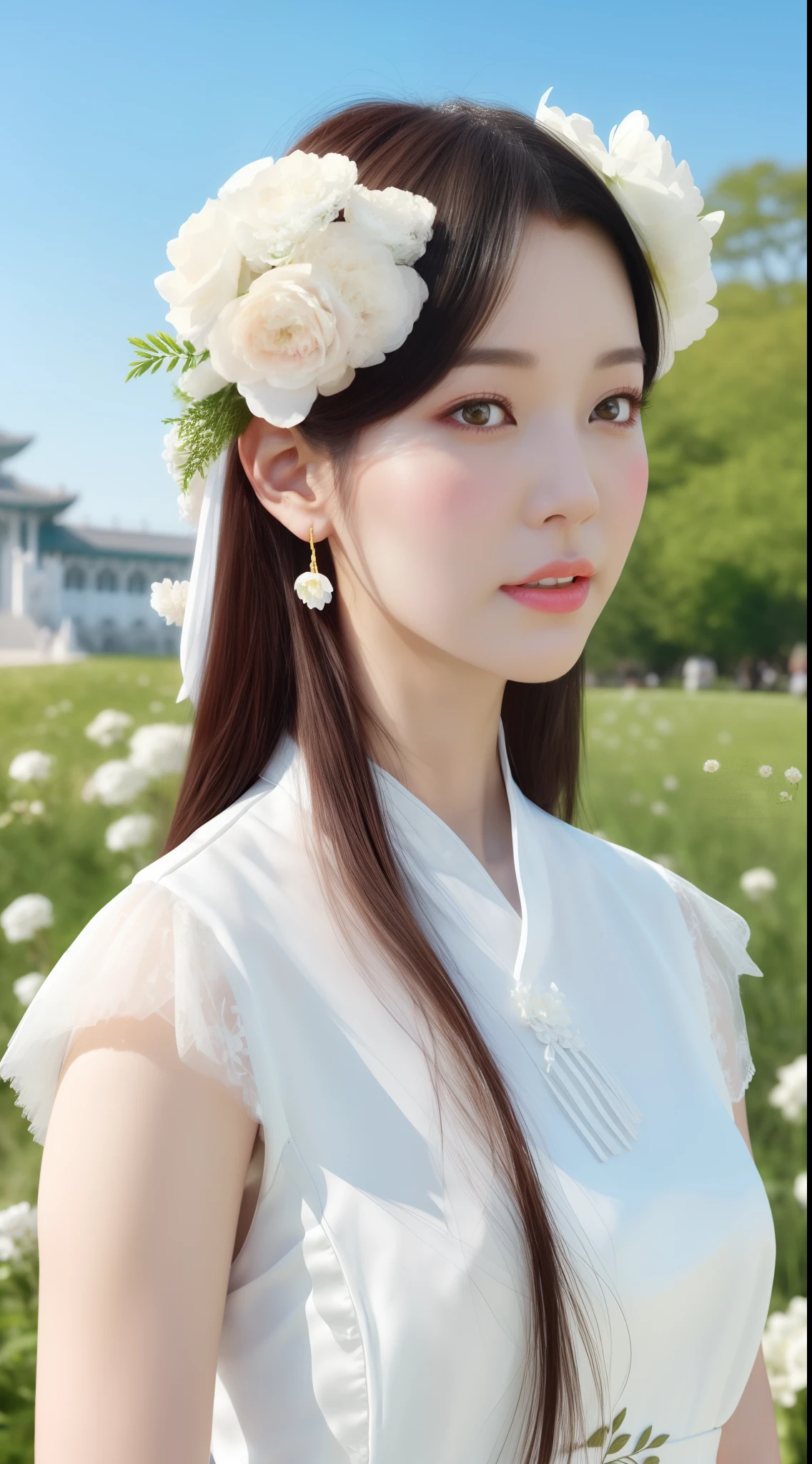 Woman in white dress,Wearing flowers on his head, Artgerm and Ruan Jia, Artgerm and Atey Ghailan, Draw beautiful characters, Palace, Hanfu girls, Ruan Jia and Artgerm, Beautiful digital artwork, Highly detailed ArtGerm, author:ruanjia、stanely artgerm