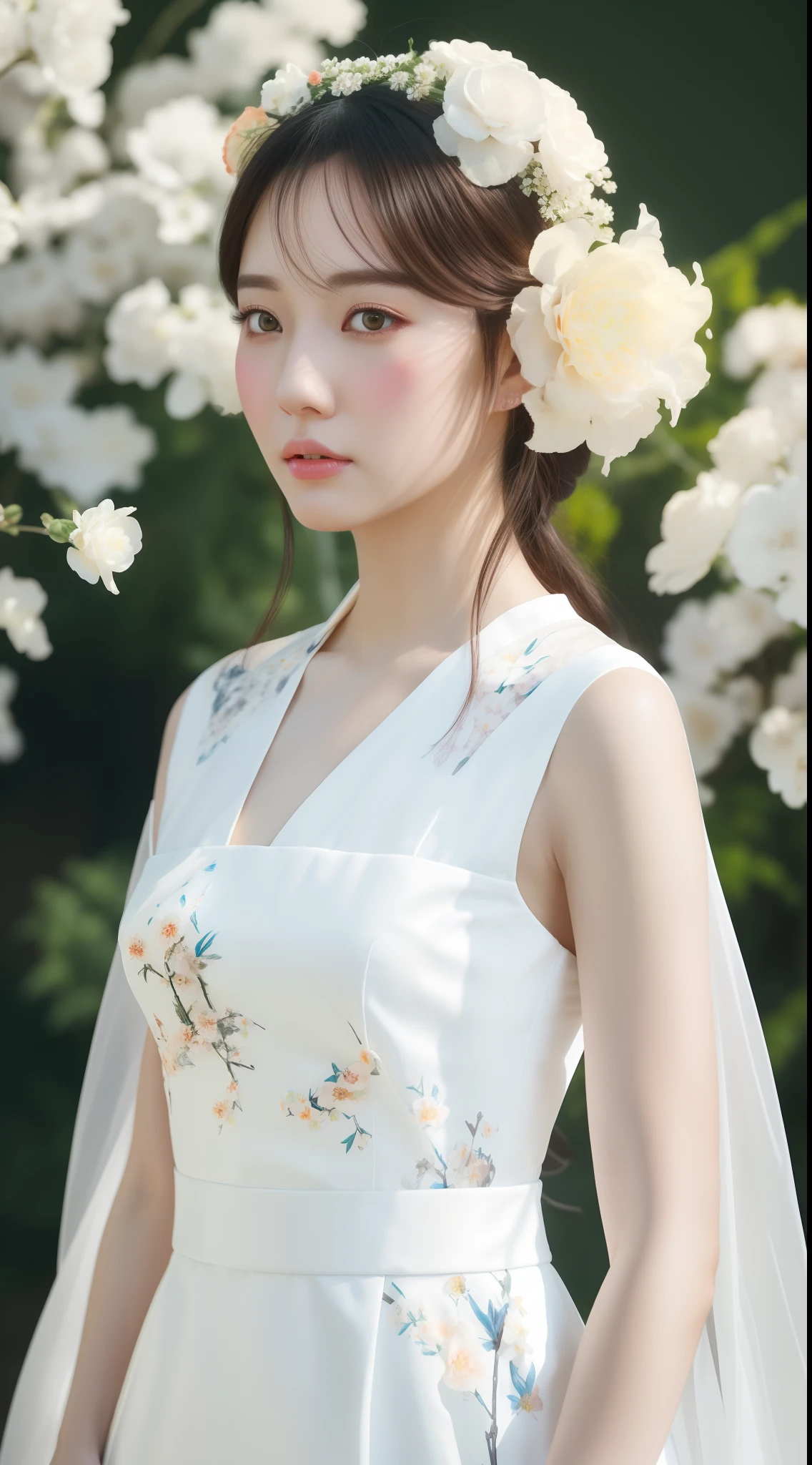 Woman in white dress,Wearing flowers on his head, Artgerm and Ruan Jia, Artgerm and Atey Ghailan, Draw beautiful characters, Palace, Hanfu girls, Ruan Jia and Artgerm, Beautiful digital artwork, Highly detailed ArtGerm, author:ruanjia、stanely artgerm