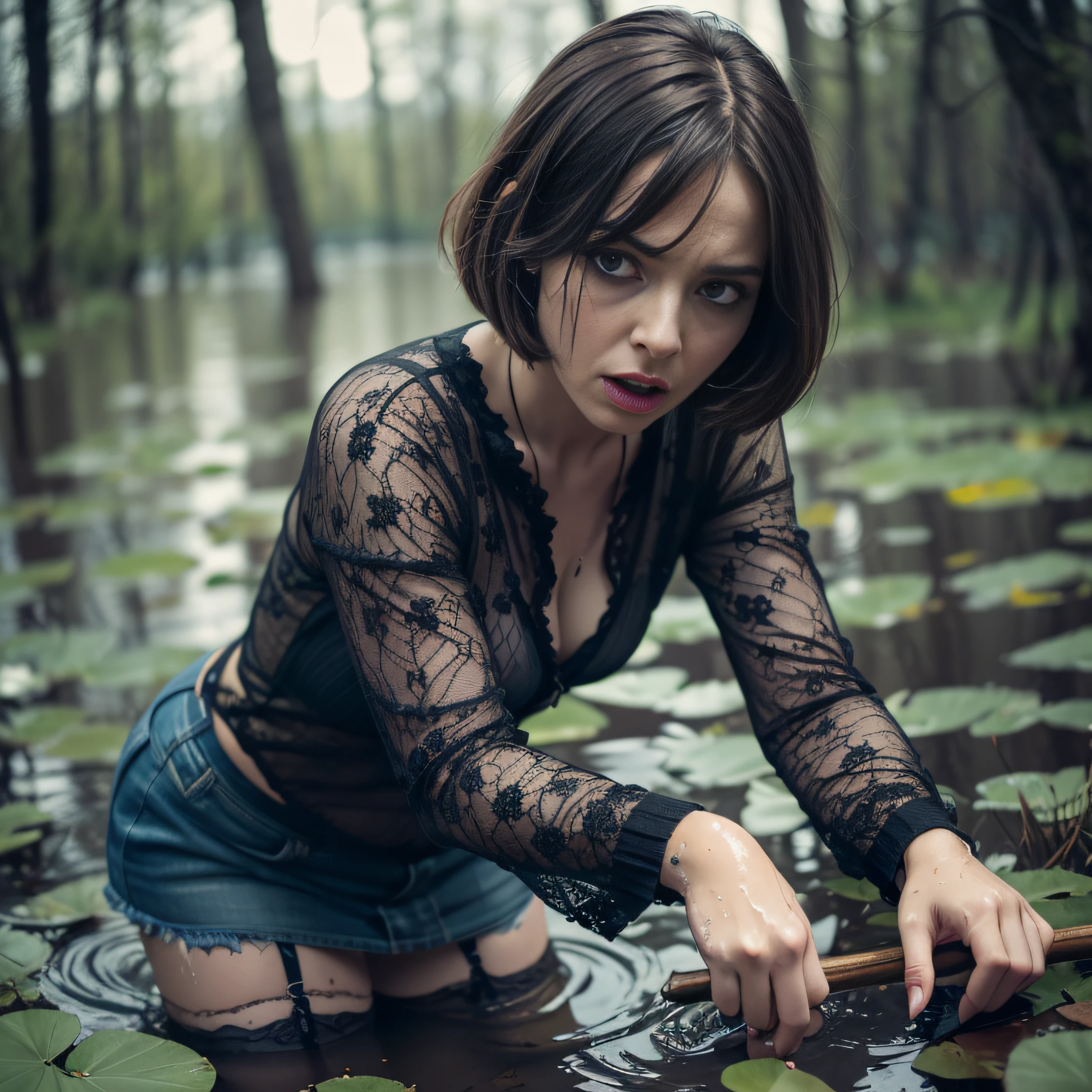 (Best Quality,hight resolution:1.2),Mature Terrorized Woman,,wrinkles,Bob haircut,(jeans skirt:1.05),lace blouse,(lace stockings with garters), standingn, ( drowning in a swamp:1.2),expression of despair,Dark and moody lighting, terror. The pose expresses a somber ecstasy,