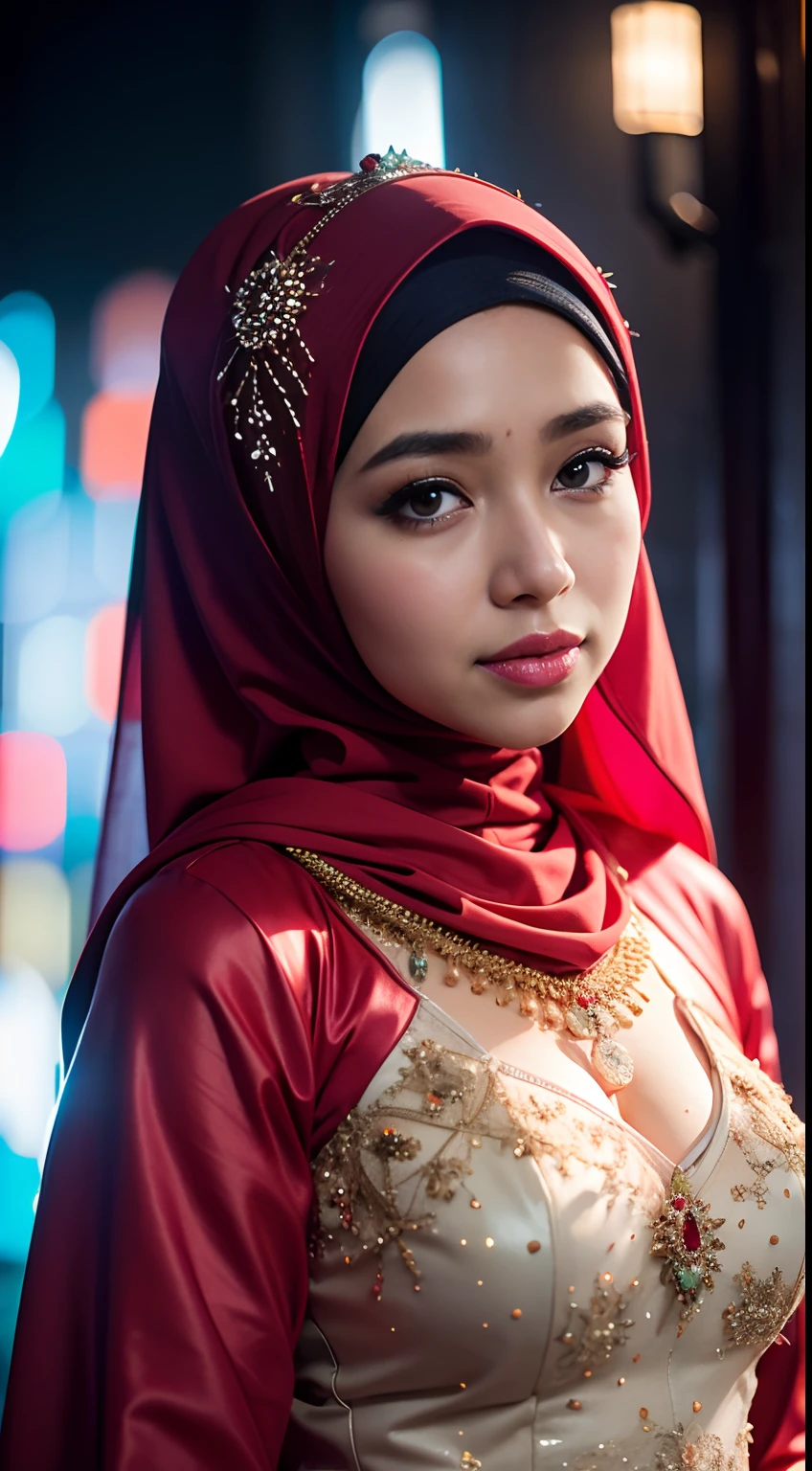 1 malay girl , modern plain hijab,  shy, medium portrait shot , watery  eyes , light glowing particles, wear modern Indonesian bridal kebaya dresses pastel red, big breast, red light bokeh background, proportional body,