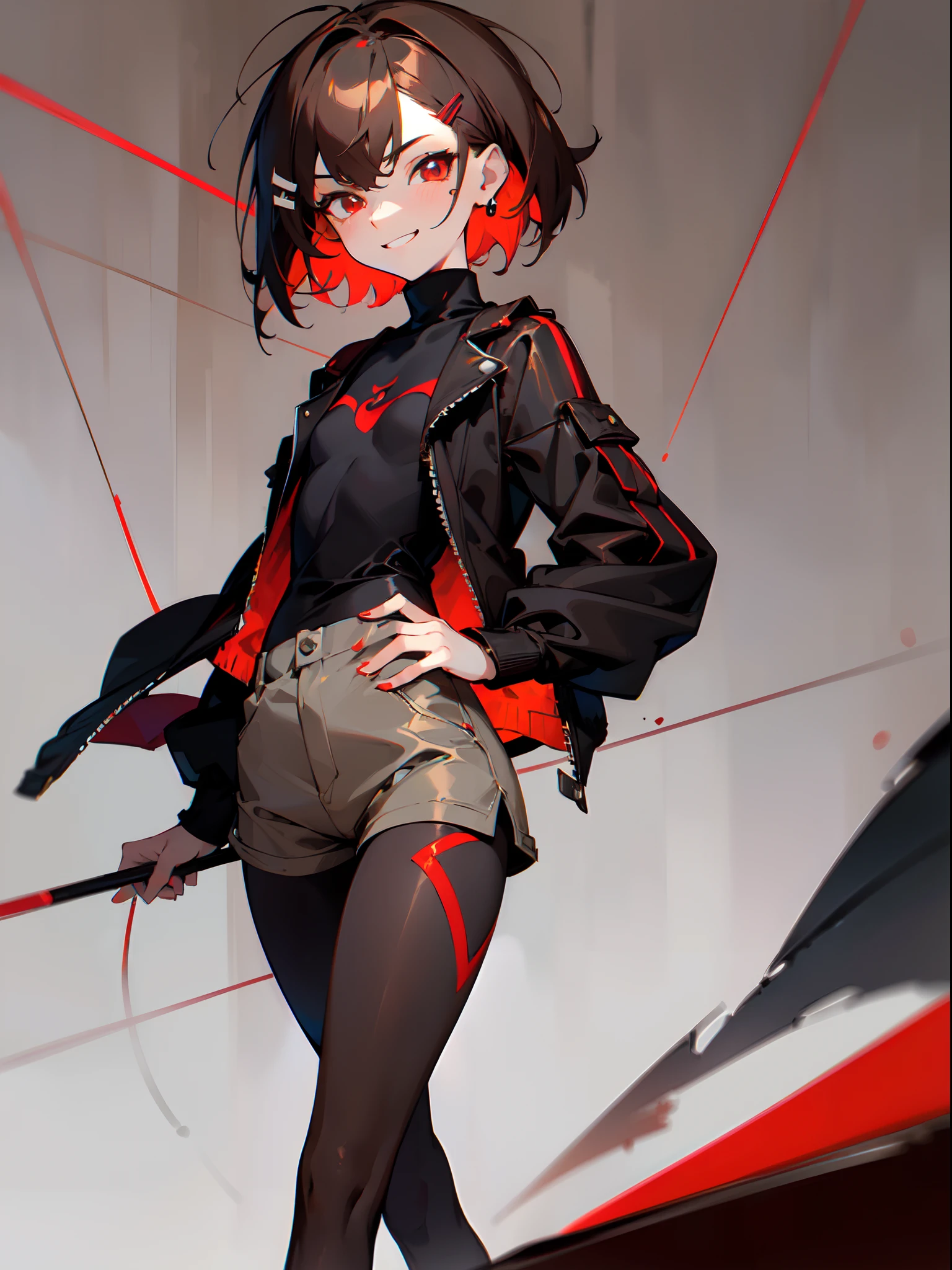 (masterpiece, sidelighting, finely detailed red eyes: 1.2), ((best quality)), ((masterpiece)), (highly detailed:1.3), anime, young girl, small chest, childish body, bodytight shirt, turtleneck, open jacket with long sleeves, oversized shorts, dark-grey shorts, pale skin, (shadowed eyes, darkened eyes), (smirk, mischevious grin), (short-medium hair, brown hair, messy haircut, hair between eyes, hairclips on left side), ((dark pantyhose with red glowing lines)), earrings, red tatto on left hand, hands behind back, scar on left hip, solo, 1girl, walking down the street,