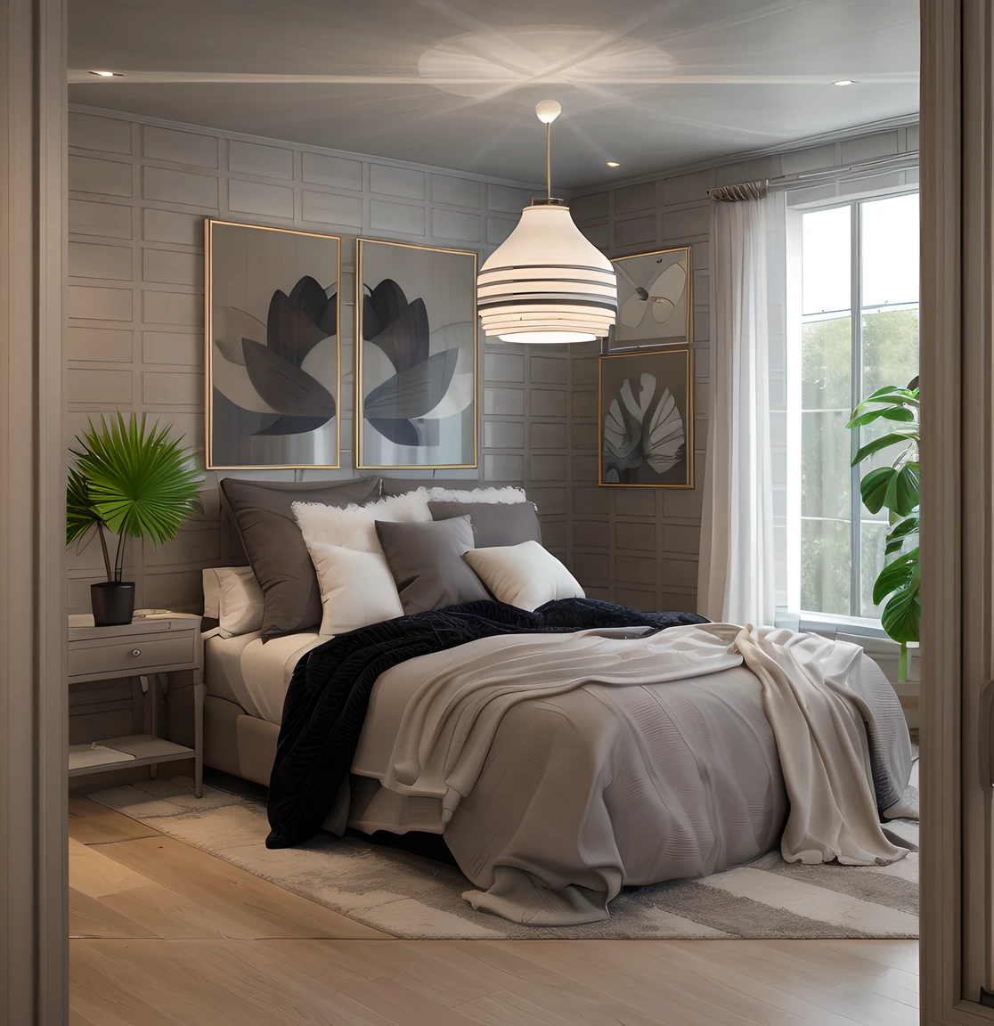 in the night, nice lighting,
luxurious bedroom interior design, luxury interior, luxurious bed,tufted carpet, large glass window with gray drapes, natural light, softlight, (flat white ceiling),masterpiece, realistic, high quality, potted plants