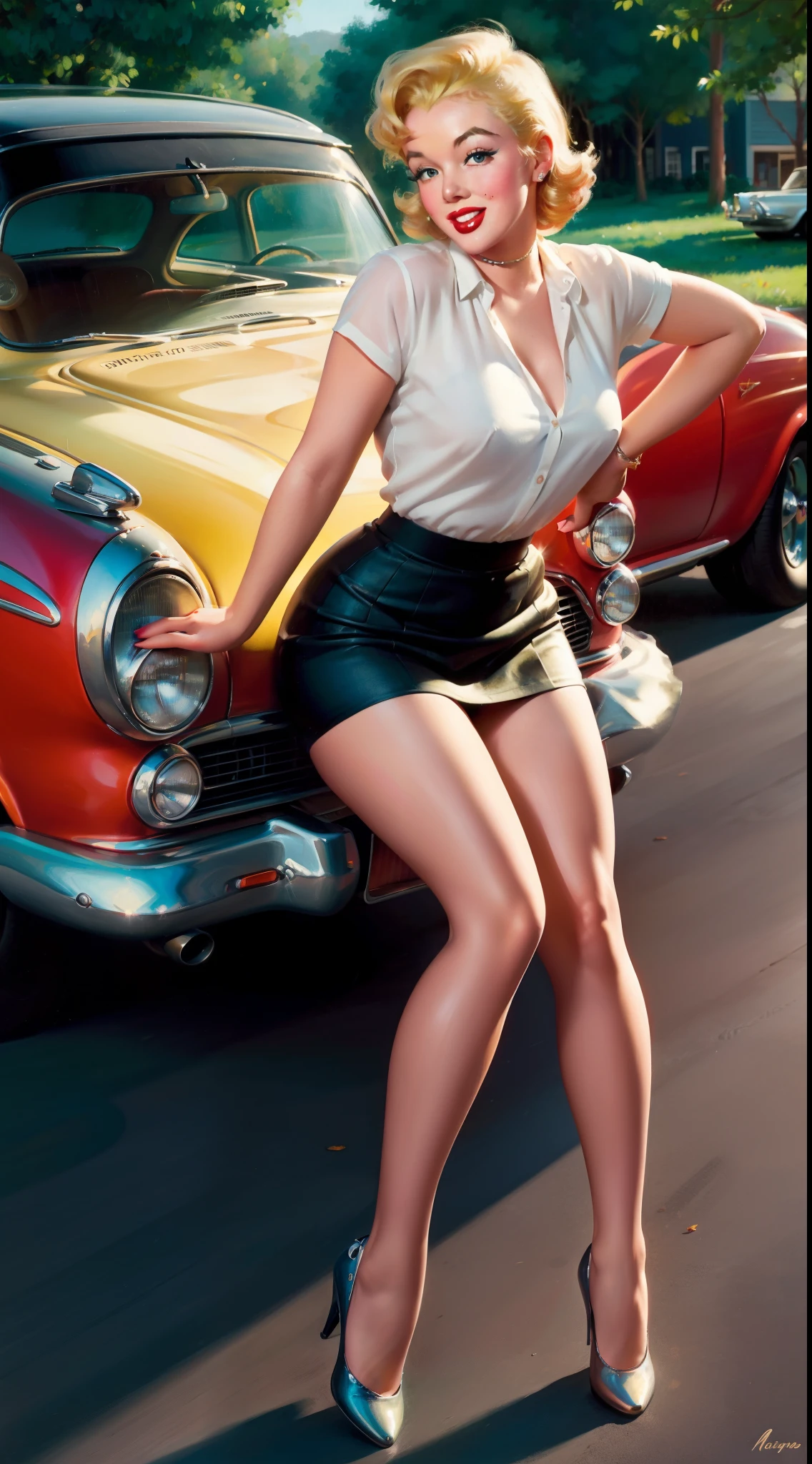 20 years old Marilyn Monroe sitting on the ground sheet, in front of a retro car, vintage, retro pin up style, sexy, detailed everything, surprised, mini tight skirt, flowing skirt, colorful , Harmony color scheme, masterpieces art work, illustrated,