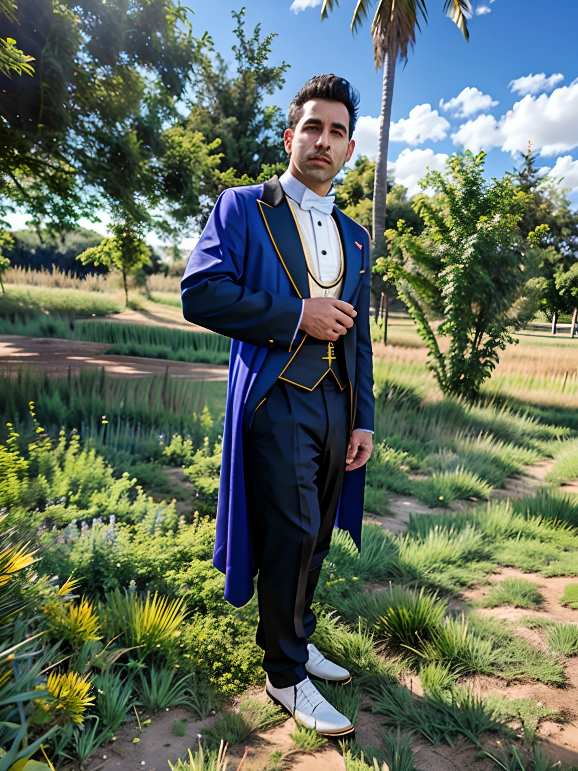Arafed man in a black and blue outfit standing in a field, vestido como vestes de juiz, dressed like a cleric, corpo inteiro com traje, traje com detalhes azuis, wearing an academic gown, Fantasiado, album photo, picture of a male cleric, vestido como um bruxo, Bem Enxoval, traje completo, background is celestial