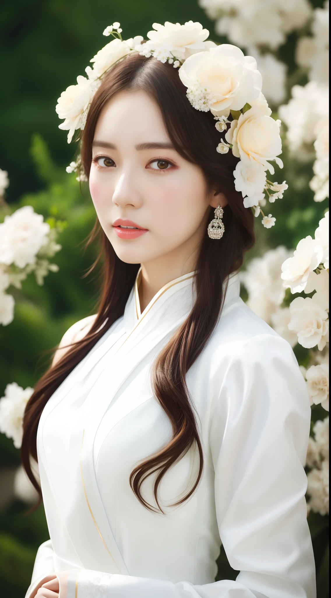 Woman in white dress,Wearing flowers on his head, Artgerm and Ruan Jia, Artgerm and Atey Ghailan, Draw beautiful characters, Palace, Hanfu girls, Ruan Jia and Artgerm, Beautiful digital artwork, Highly detailed ArtGerm, author:ruanjia、stanely artgerm