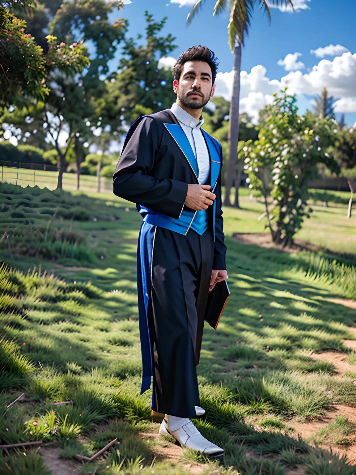 Arafed man in a black and blue outfit standing in a field, vestido como vestes de juiz, dressed like a cleric, corpo inteiro com traje, traje com detalhes azuis, wearing an academic gown, Fantasiado, album photo, picture of a male cleric, vestido como um bruxo, Bem Enxoval, traje completo, background is celestial