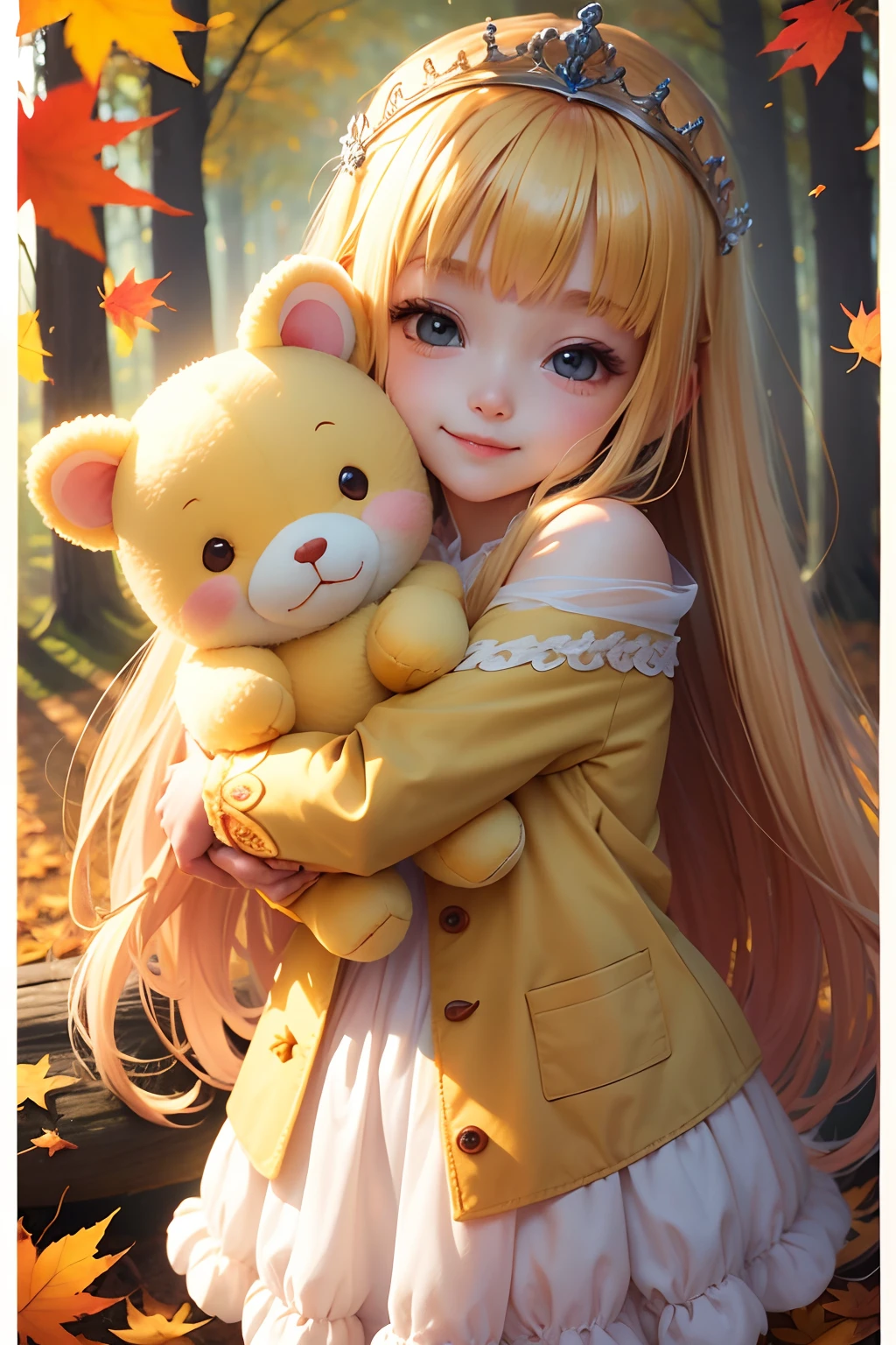 Sunny autumn morning beautiful nature little wonderful beautiful princess，Stuffed animal hugging with both hands，ssmile、Best Quality,