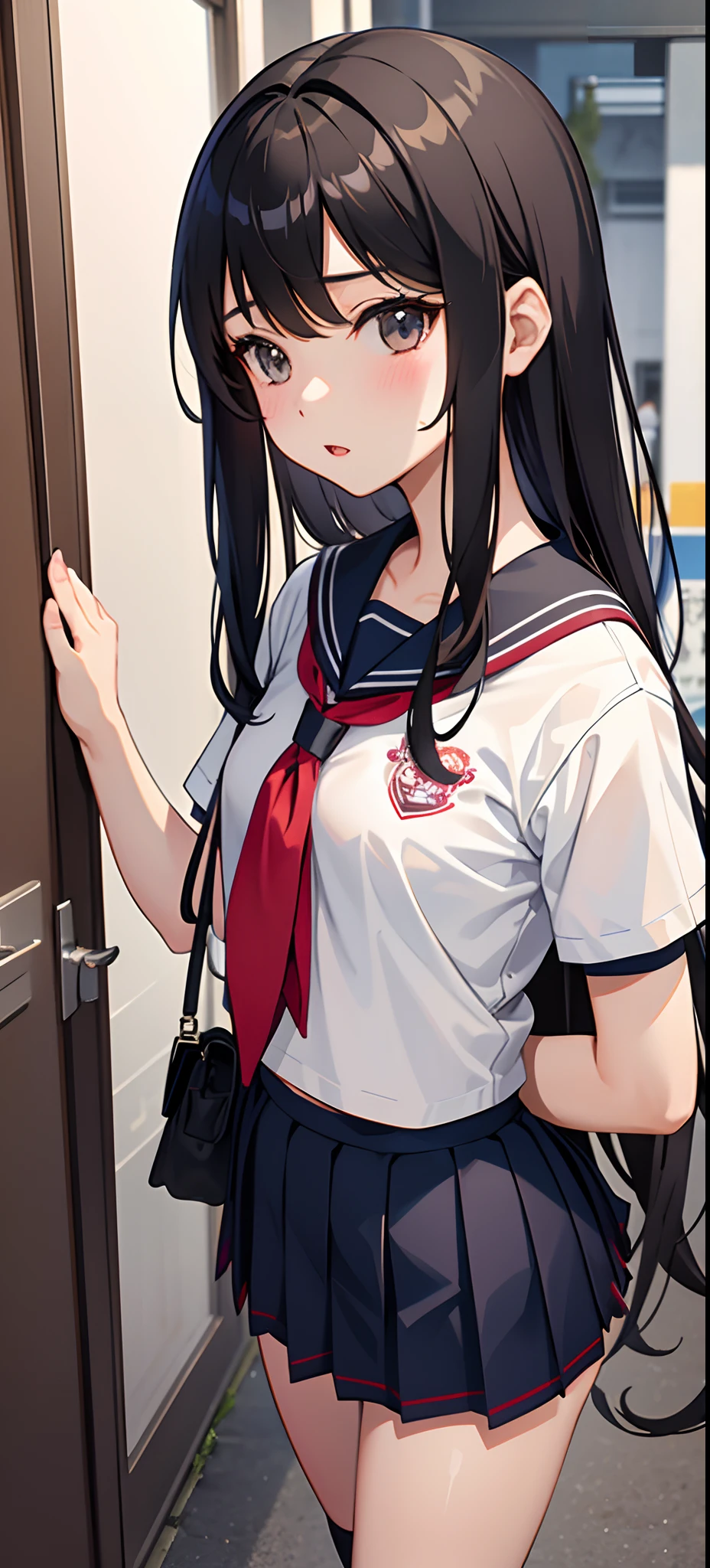 1girl in、AS-Adult、Shirt、hairy skirt、(Small breasts)Chilarism、Japan High School Student Uniform、Serafuku、summer clothes、(Sheer bra)、Upper body portrait、