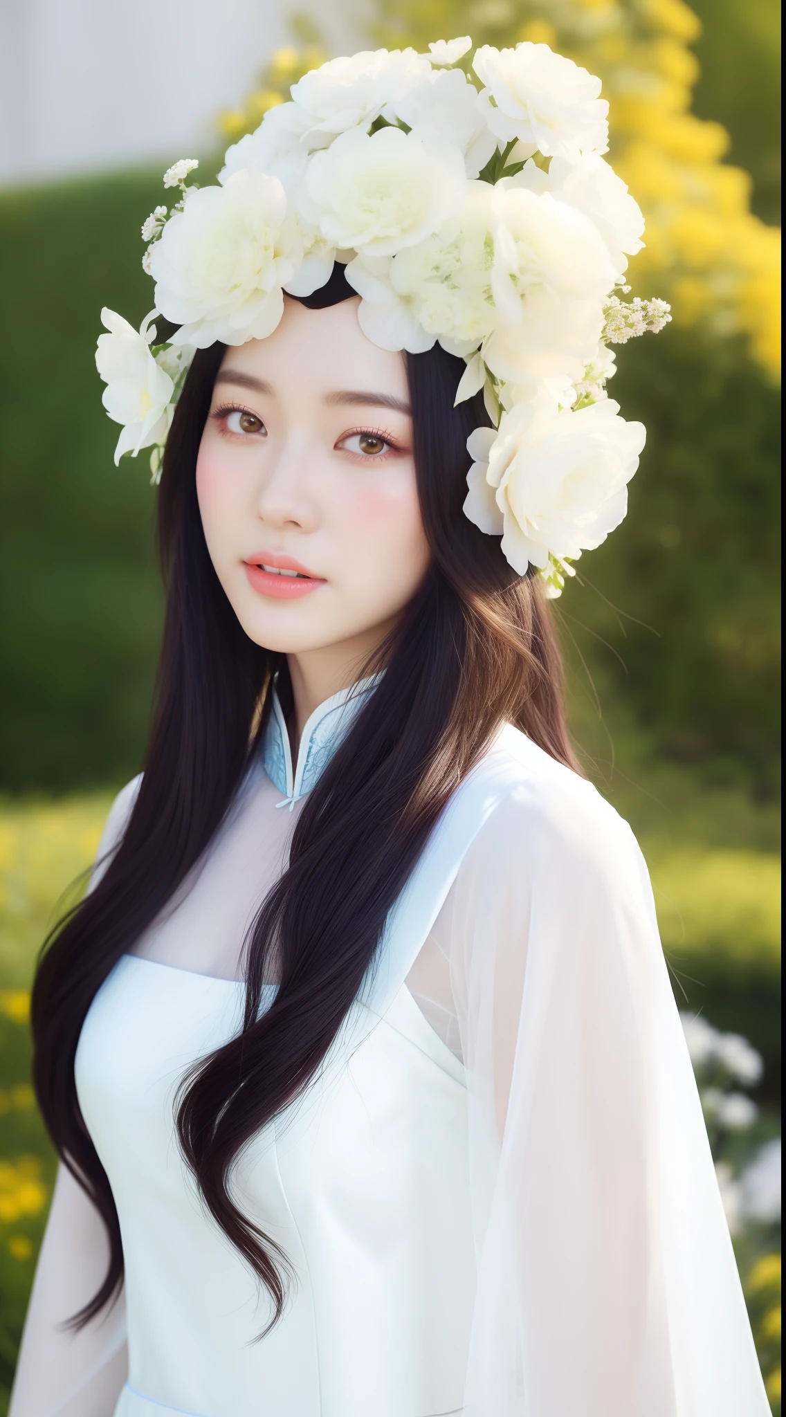 Woman in white dress,Wearing flowers on his head, Artgerm and Ruan Jia, Artgerm and Atey Ghailan, Draw beautiful characters, Palace, Hanfu girls, Ruan Jia and Artgerm, Beautiful digital artwork, Highly detailed ArtGerm, author:ruanjia、stanely artgerm
