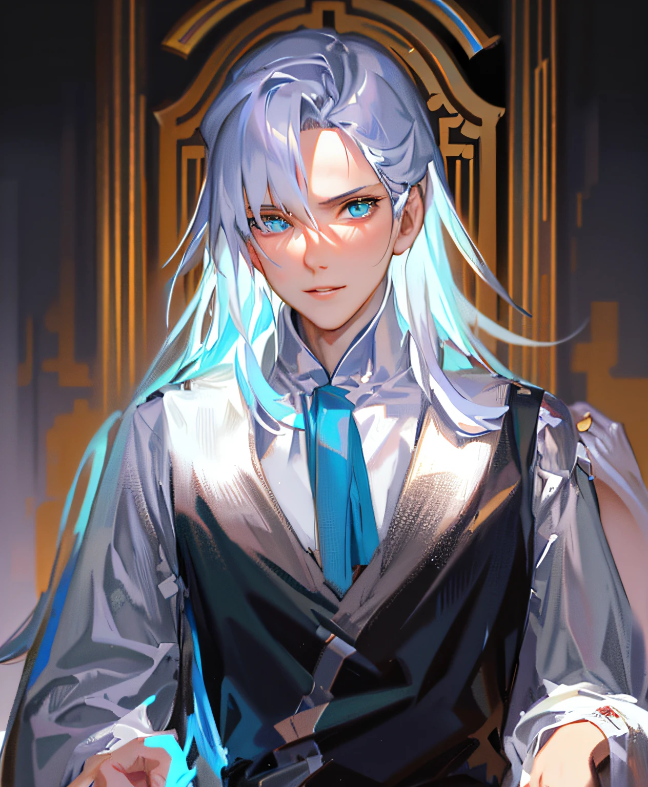 The Young King, Deep Focus, D&Amp;D, Fantasy, an intricate, Whaite Hair, Ice Mage, Handsome, Majestic aura, In a white Chinese dragon robe, sitting on the throne, ellegance, It is very detailed;, digitalpainting, Artstation, ConceptArt, Scrape, Clear Focus, illustartion, The Primordial God, Drawn by Artgerm and Greg Rutkowski and Alphonse Muya