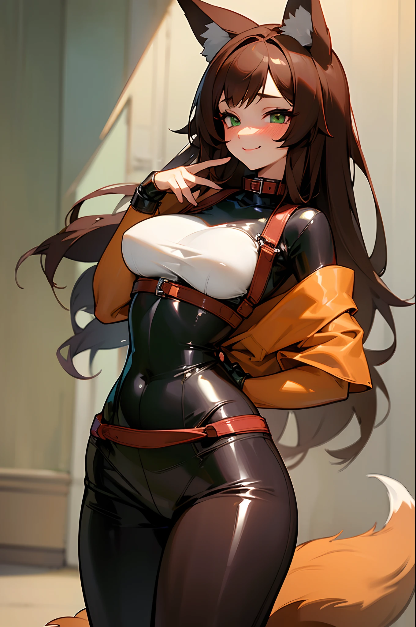 (Masterpiece, best quality, beautiful eyes, highly detailed, high res), 1girl, fox girl, fox ears, fox tail, dark brown hair, green eyes, slave, shyly smiling, blushing, sexy, mature woman, black latex, tight clothes, thick thighs, medium sized breast, collar, cute, happy, bondage, perverted, BDSM,