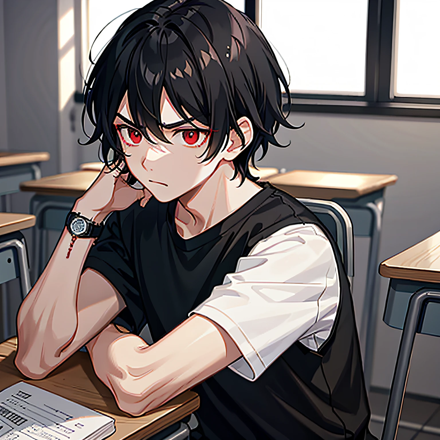 1boy, black hair, black shirt, red eyes, watch, messy hair, 8k resolution, classroom, shabby classroom, fierce, delicate facial features, cold, murderous, angry, sitting in a chair,