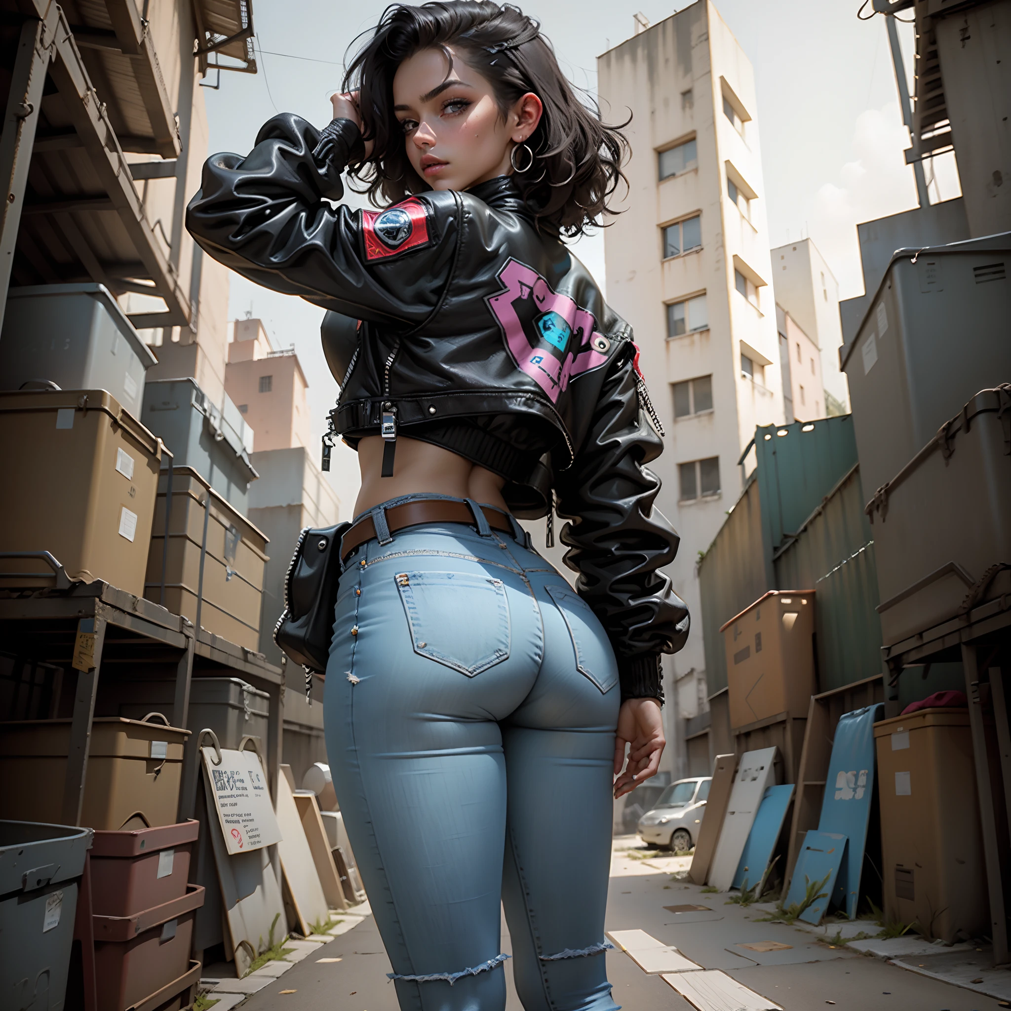 motor irreal:1.4,UHD,La mejor calidad:1.4, fotorrealista:1.4, textura de la piel:1.4, obra maestra:1.8,posing from behind Hermosa mujer, cabello negro, chaqueta de cuero negro, sexy, senos largos, Estilo cyberpunk, Detalles realistas, cerca, Chaqueta de cuero negro retrato,jeans Vaqueros cortos,,hermosas manos finas